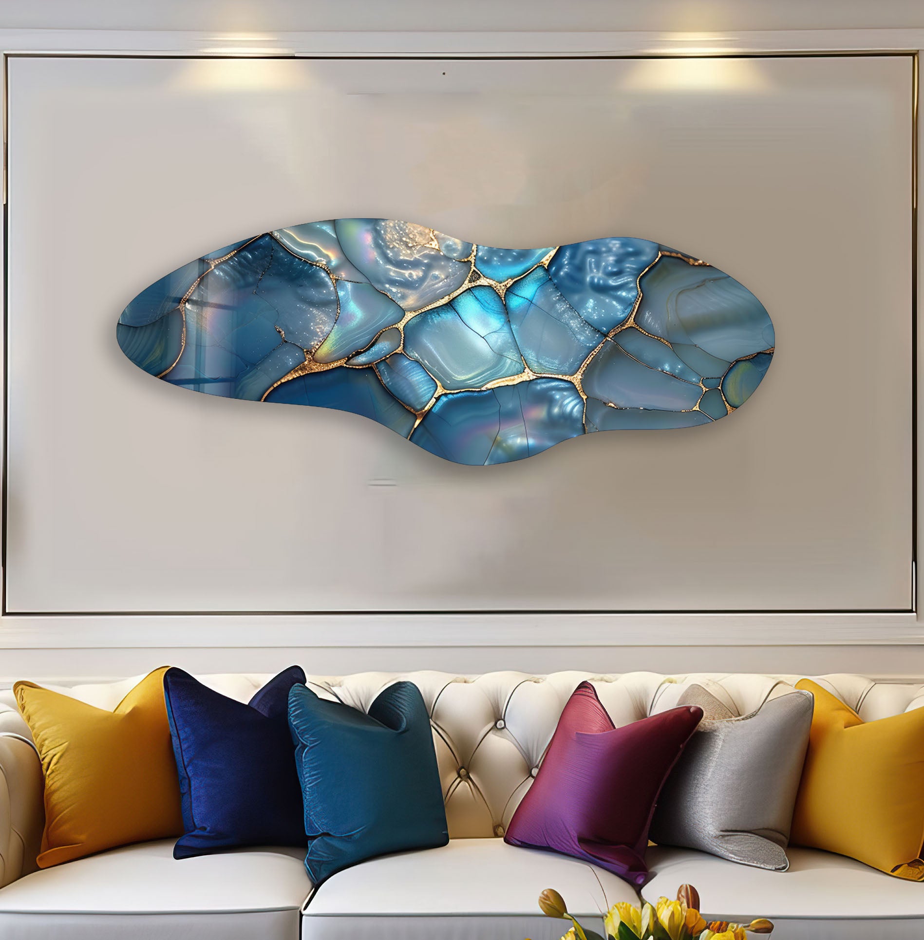 Blue Pearl Sparkle Asymmetrical Glass Wall Art - Handcrafted Modern Home Decor for Living Room, Bedroom & Office - Unique Abstract Art Piece for Wall Decor