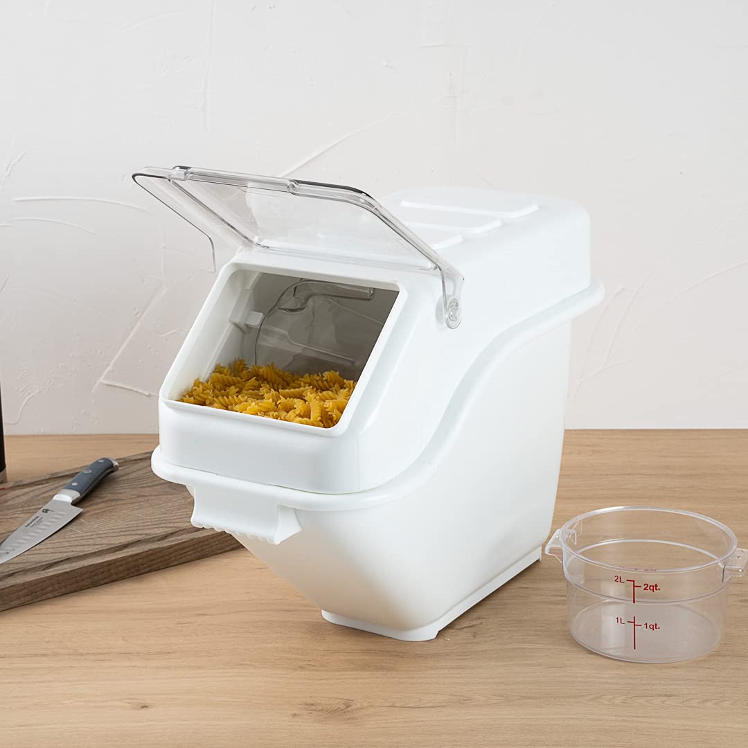 Restaurantware Met Lux 6 Gallon Food Storage Container with Lid & Measuring Scoop - Stackable White Plastic Ingredient Bin for Flour, Sugar & Bulk Foods | Commercial Kitchen & Pantry Organization Solution