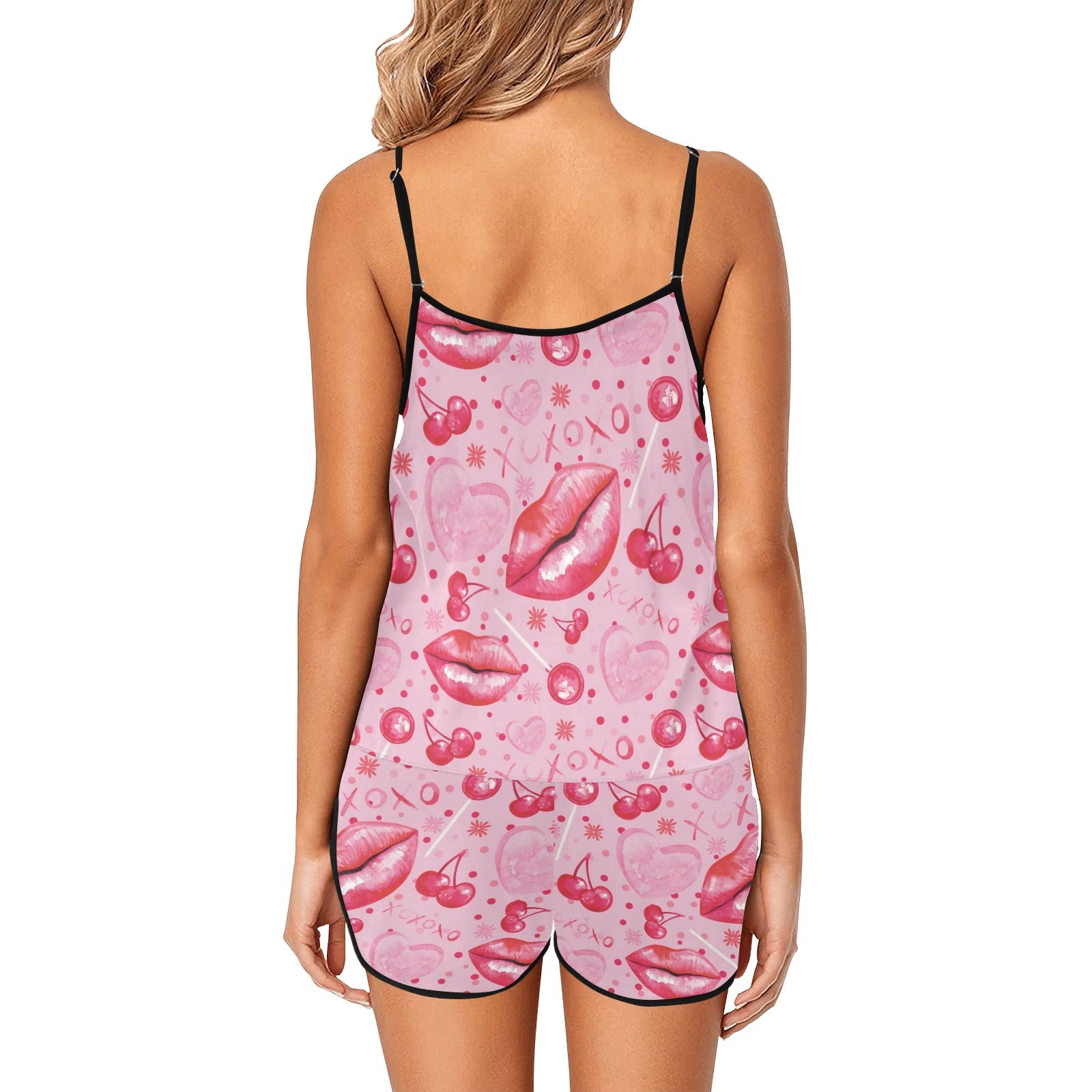 Cherry Love Spaghetti Strap Short Pajama Set for Women - Soft Summer Sleepwear & Lounge Outfit - Perfect for Bedtime, Relaxing at Home, and Vacation Comfort