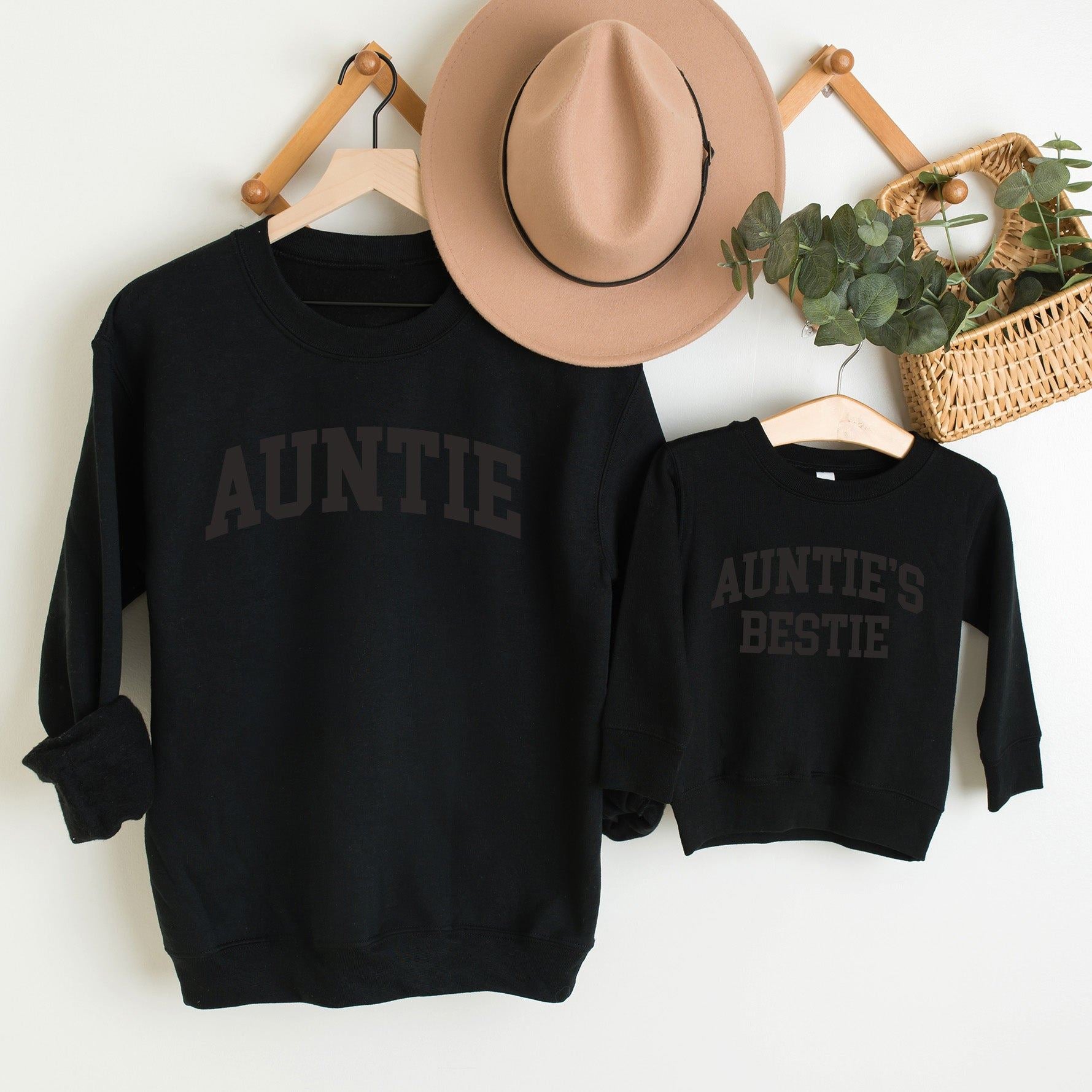 CLR Auntie & Auntie's Bestie Matching College Sweatshirts - Stealth Black | Perfect for Family Reunions, Graduation Gifts & Sisterhood Bonding