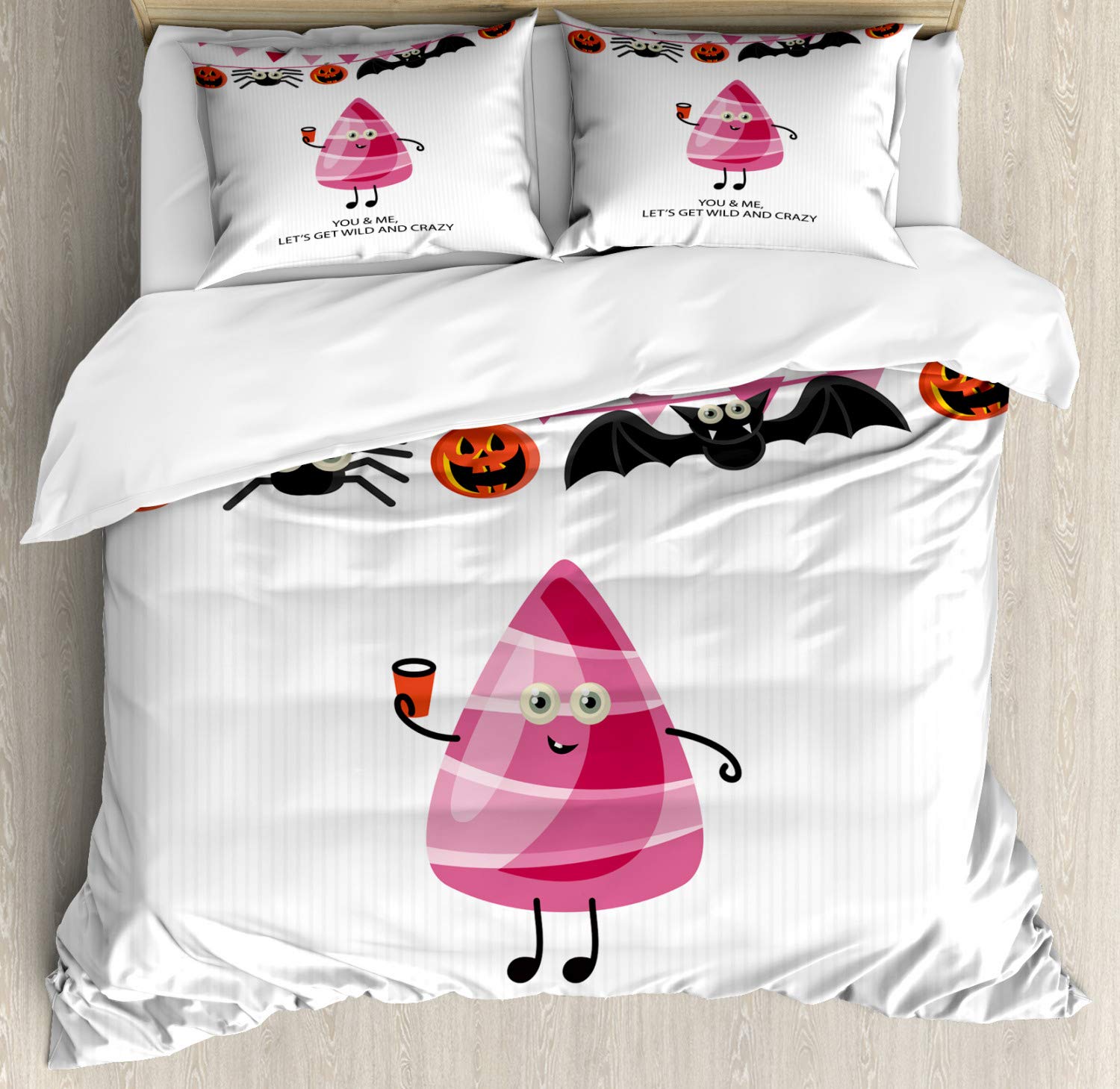 Ambesonne Halloween Duvet Cover Set - Funny Candy Stripes with Pumpkin & Spider Decor, 3-Piece King Size Bedding (2 Pillow Shams) in Pink Vermilion & Dark Grey | Spooky Bedroom Decor for Halloween Parties & Seasonal Home Styling