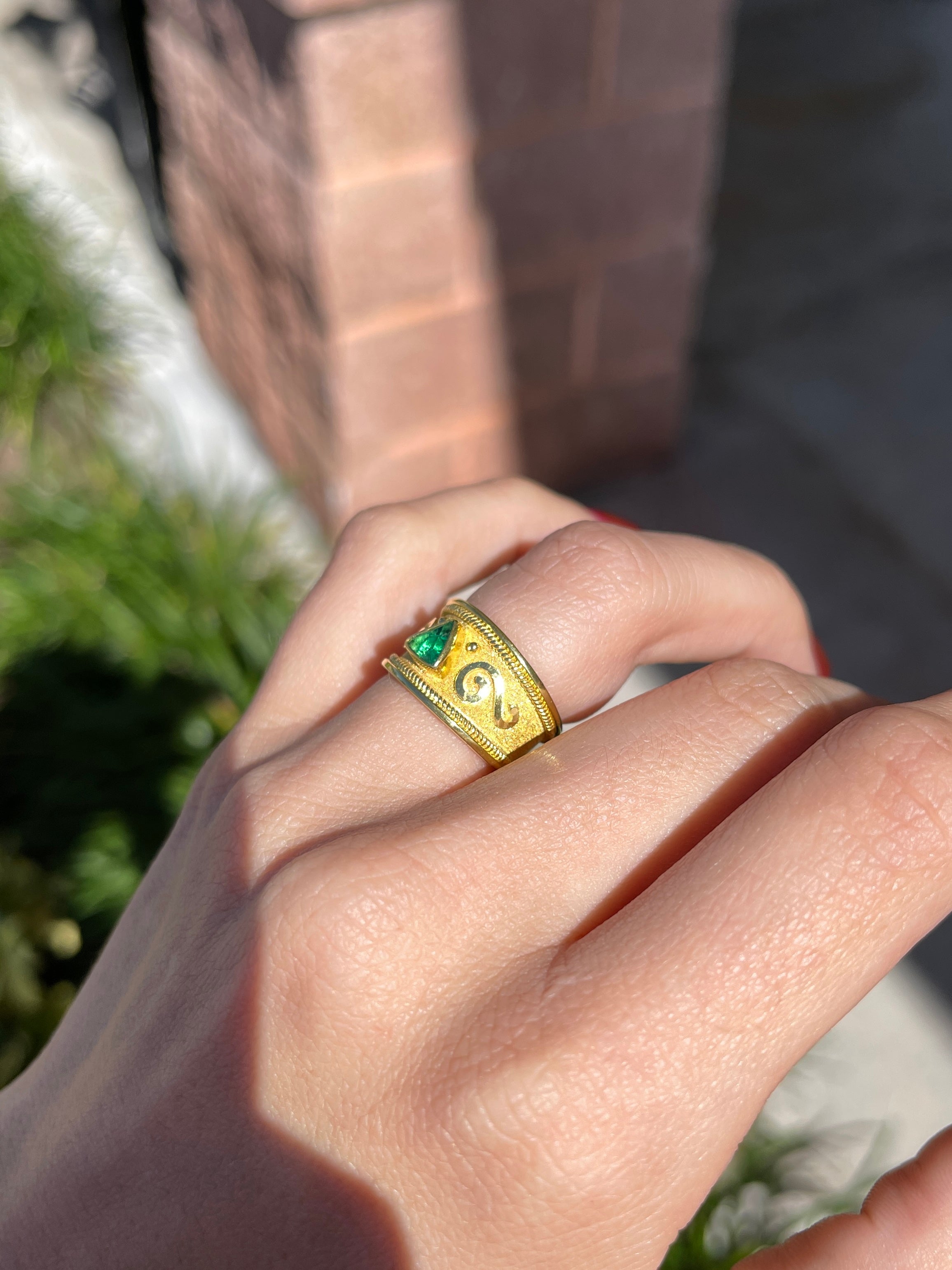 18K Gold Byzantine Trillion Cut Emerald Solitaire Ring - Size 6 - Elegant Wedding, Engagement & Anniversary Jewelry Gift for Women