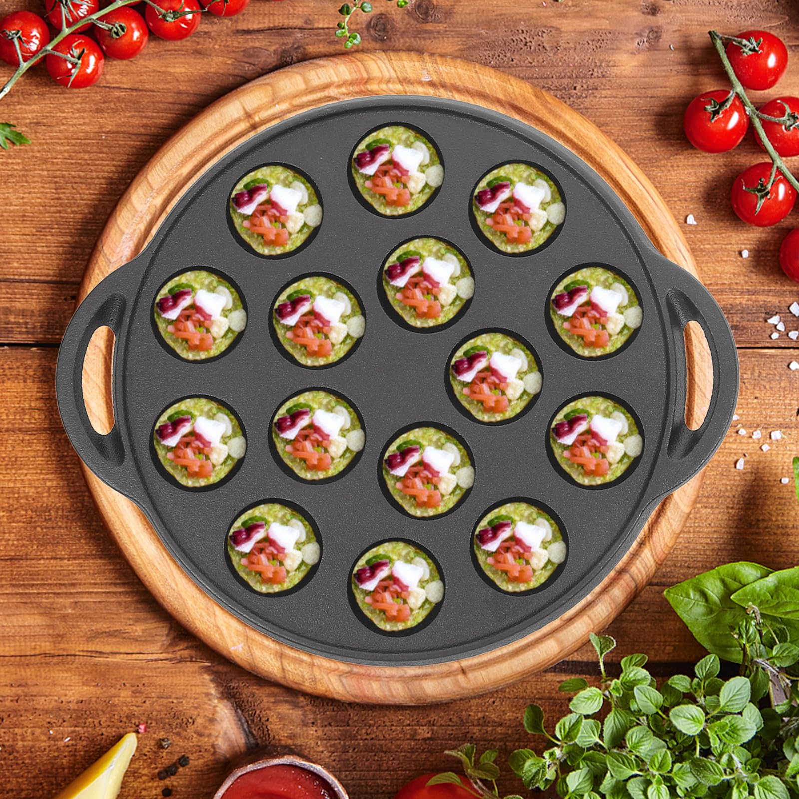 Yardwe 15-Hole Cast Iron Takoyaki Pan - Non-Stick Aebleskiver Pan & Escargot Plate - Octopus Ball Maker with Forks & Brush - Perfect for Japanese Street Food, Danish Pancakes & French Snails at Home