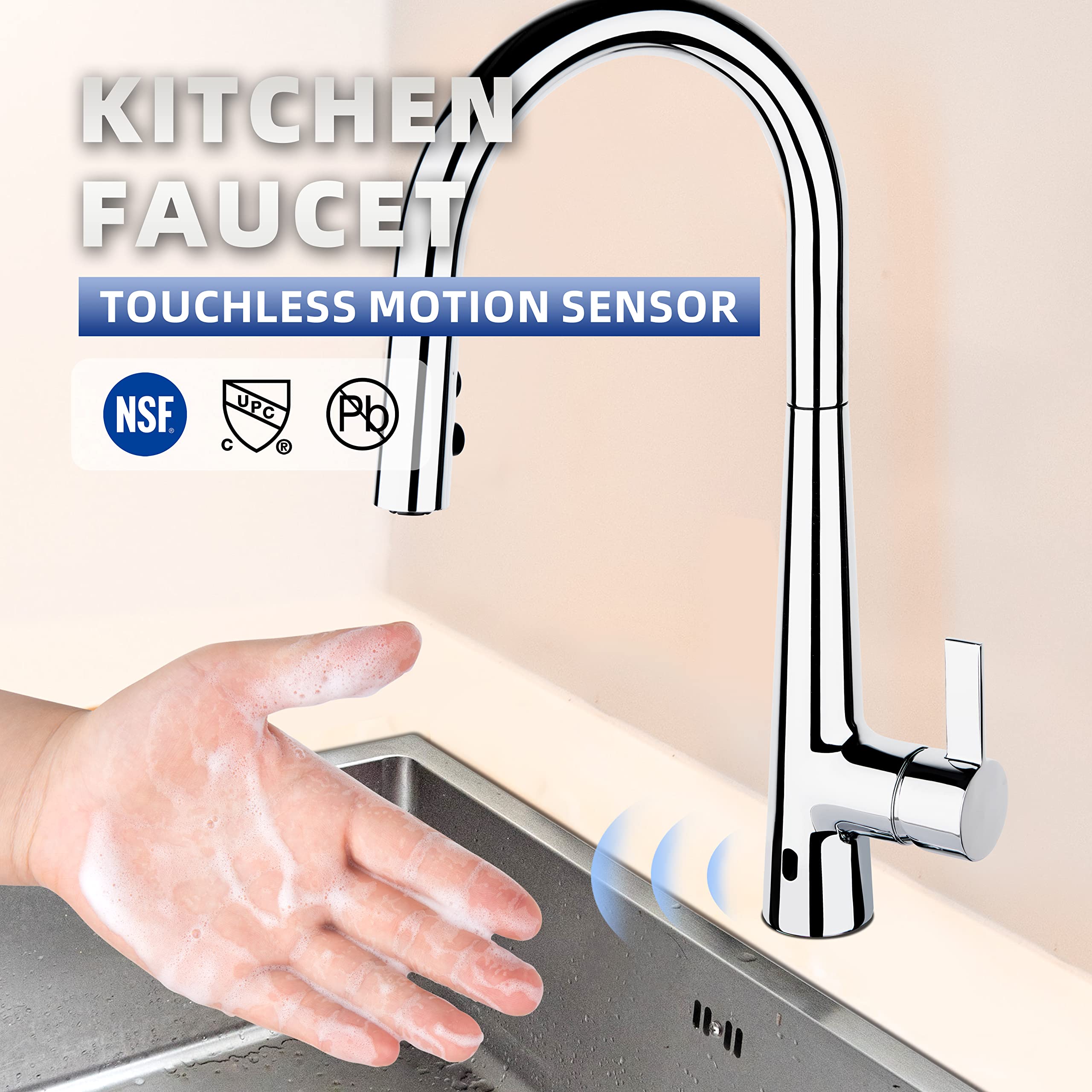 Touchless Kitchen Faucet with Motion Sensor - Chrome Pull Down Sprayer for Hands-Free Cooking
