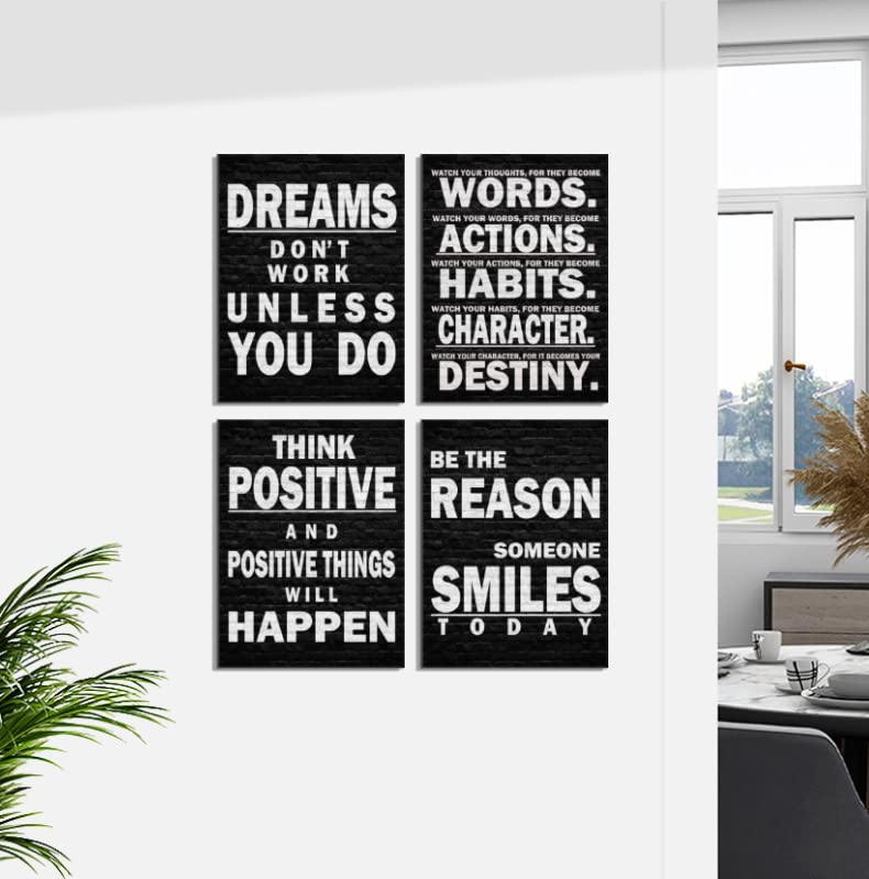 Black and White Motivational Wall Art Posters - Inspirational Quotes for Office, Workplace, Gym & School - Positive Wall Decor Signs (Dreams Don't Work Unless You Do, Watch Your Thoughts, Think Positive) - Perfect for Home Office, Study Room & Fitness Spaces
