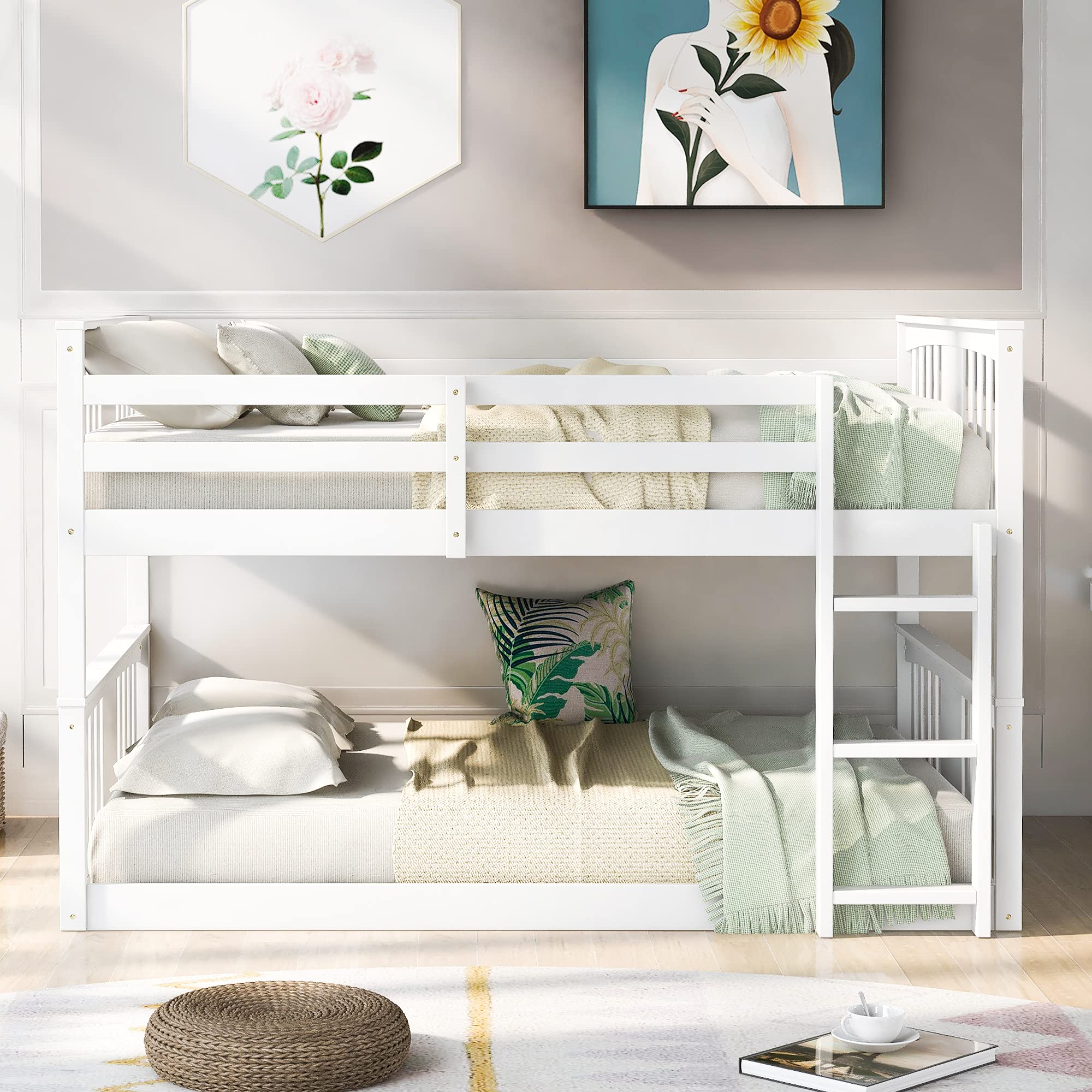 Full Over Full Bunk Bed with Ladder - Sturdy Wooden Loft Bed for Teens & Adults - Space Saving Twin Bunk Bed for Small Rooms - No Box Spring Needed - Perfect for Kids' Bedrooms, Dormitories & Guest Rooms