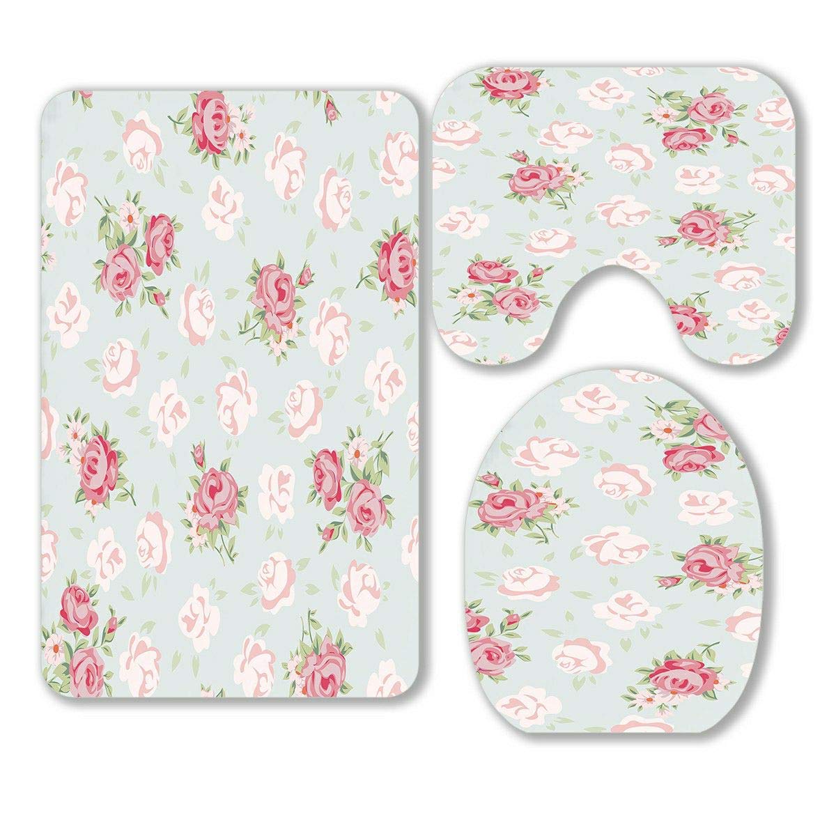 Vintage Floral Shabby Chic 3-Piece Bathroom Rug Set - Non-Slip Bath Mat, Contour Mat & Toilet Lid Cover - Soft Absorbent Cotton for Bathroom Decor (Rose Pattern) | Perfect for Farmhouse, Cottage & Vintage Style Bathrooms