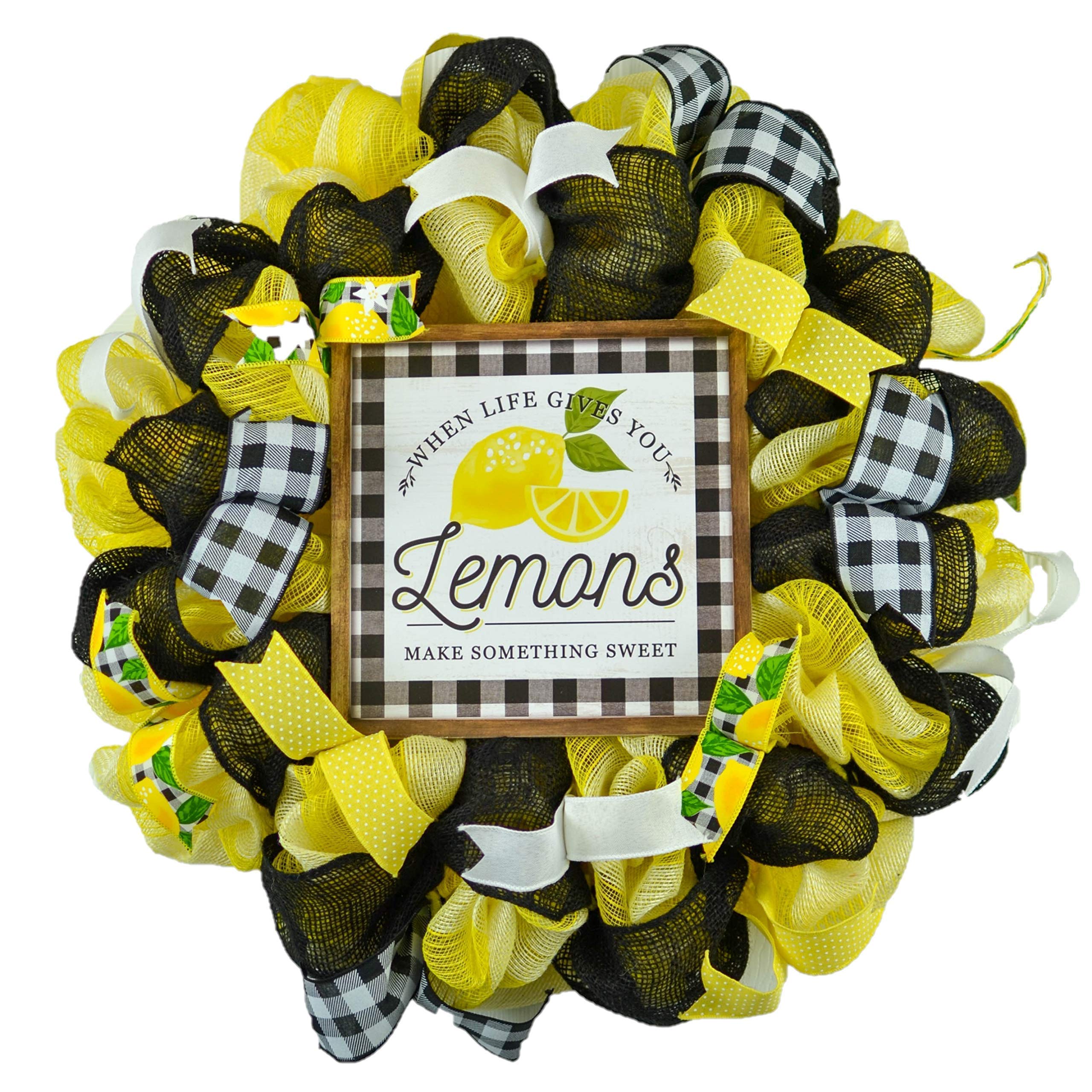 Lemon Wreath for Spring Summer Door Decor - Yellow Black Green White Mesh Wreath - Perfect for Front Door Welcome Decorations, Porch Decor, and Seasonal Home Decor