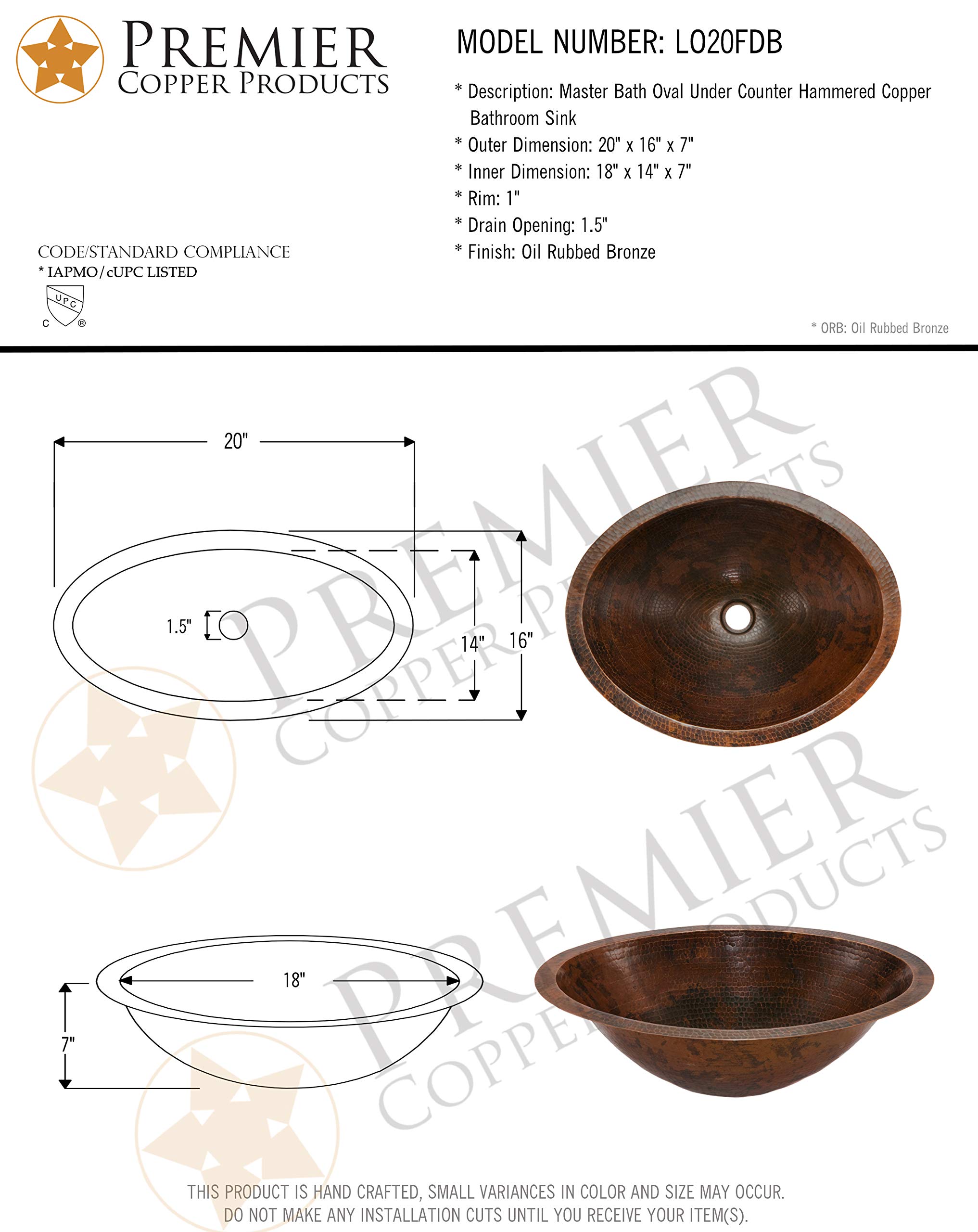 Premier Copper 20-Inch Oval Hammered Copper Bathroom Sink - Oil Rubbed Bronze Finish, Under Counter Master Bath Sink for Vintage & Farmhouse Style Bathrooms