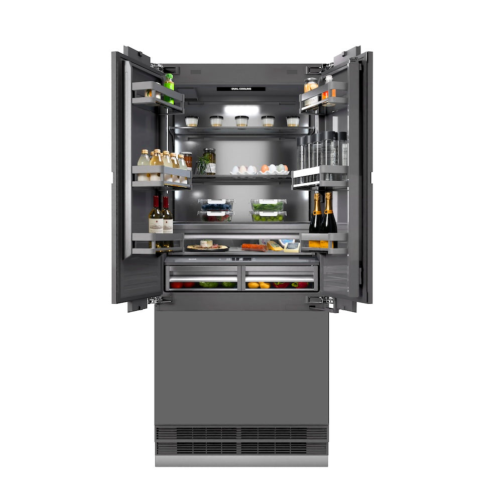 ZLINE GRBIVZ 36 CB 36-Inch Built-In French Door Refrigerator - 19.6 cu. ft. Capacity, Panel Ready, Bottom Freezer, Water Dispenser & Ice Maker, Graphite Gray Interior with Champagne Bronze Accents - Perfect for Modern Kitchens & Open-Concept Homes