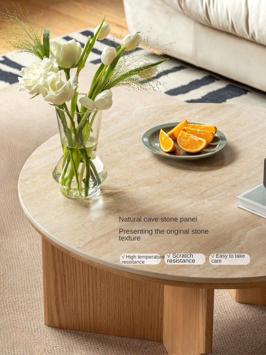 Solid Oak Wood Travertine Coffee Table - Rustic Modern Living Room Furniture for Home Decor & Lounge Use