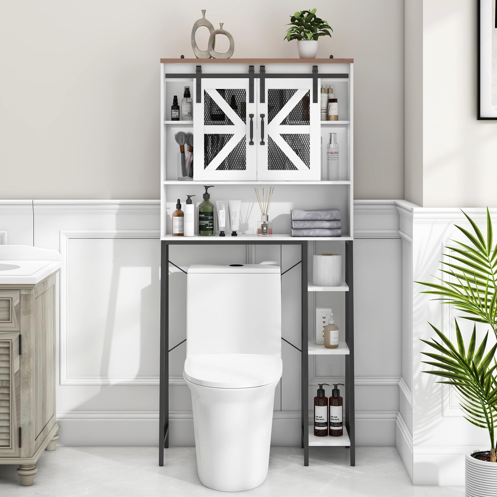 Farmhouse Over The Toilet Storage Cabinet with Sliding Barn Door - Space Saving Bathroom Organizer for Toiletries, Towels & Laundry - Perfect for Small Bathrooms, Restrooms & Powder Rooms