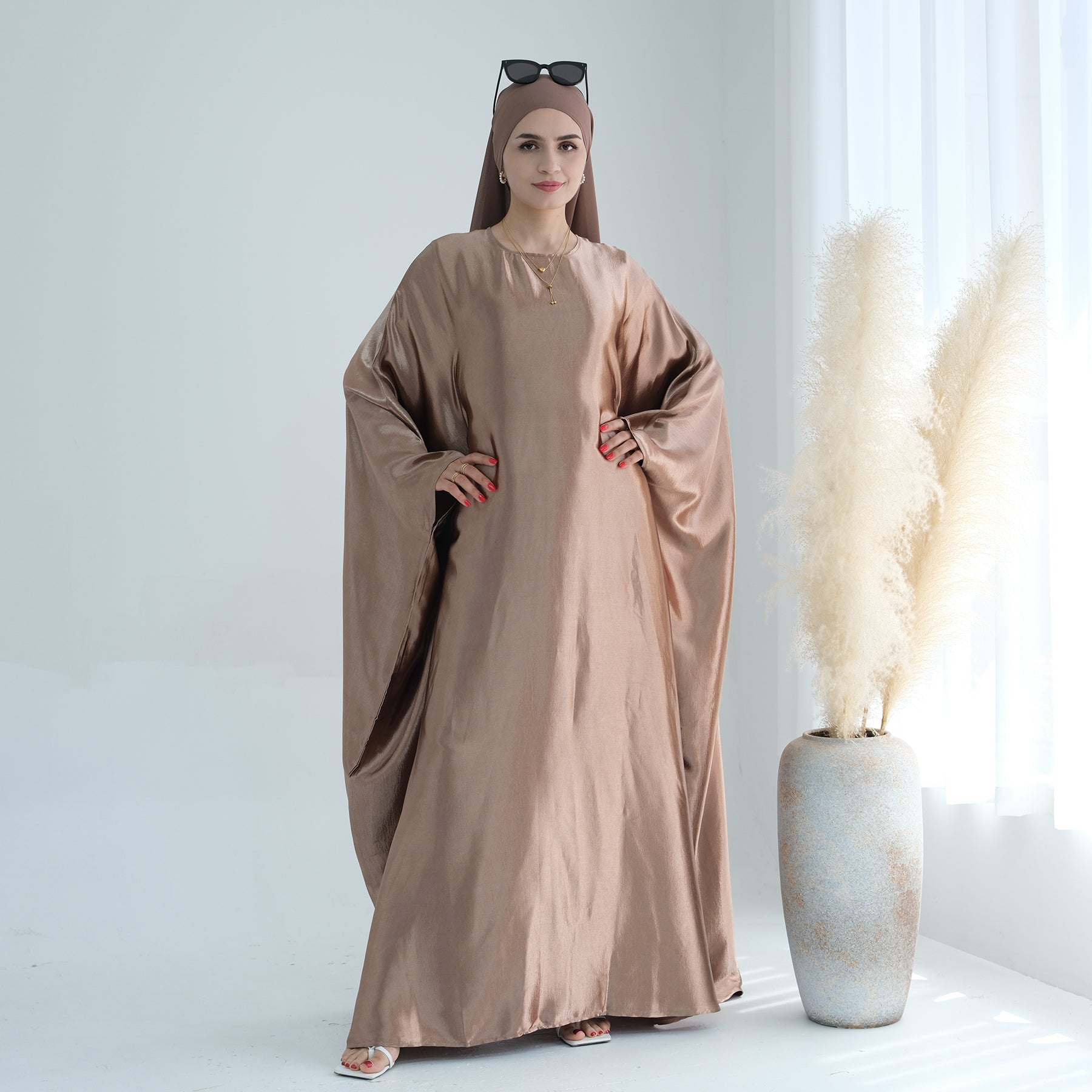 Elegant Alisha Butterfly Satin Abaya Dress for Women - Brown | Modest Islamic Prayer Dress for Mosque & Special Occasions
