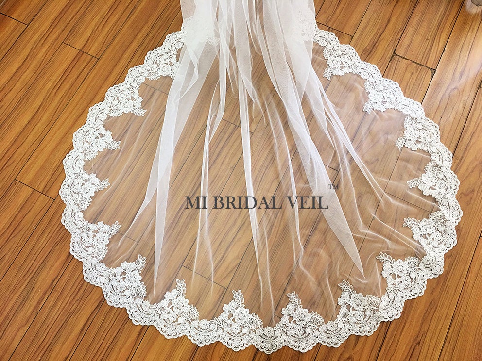 Elegant Cathedral Rose Lace Wedding Veil with Partial Lace Trim - Perfect for Bridal Ceremonies, First Dances & Romantic Photoshoots