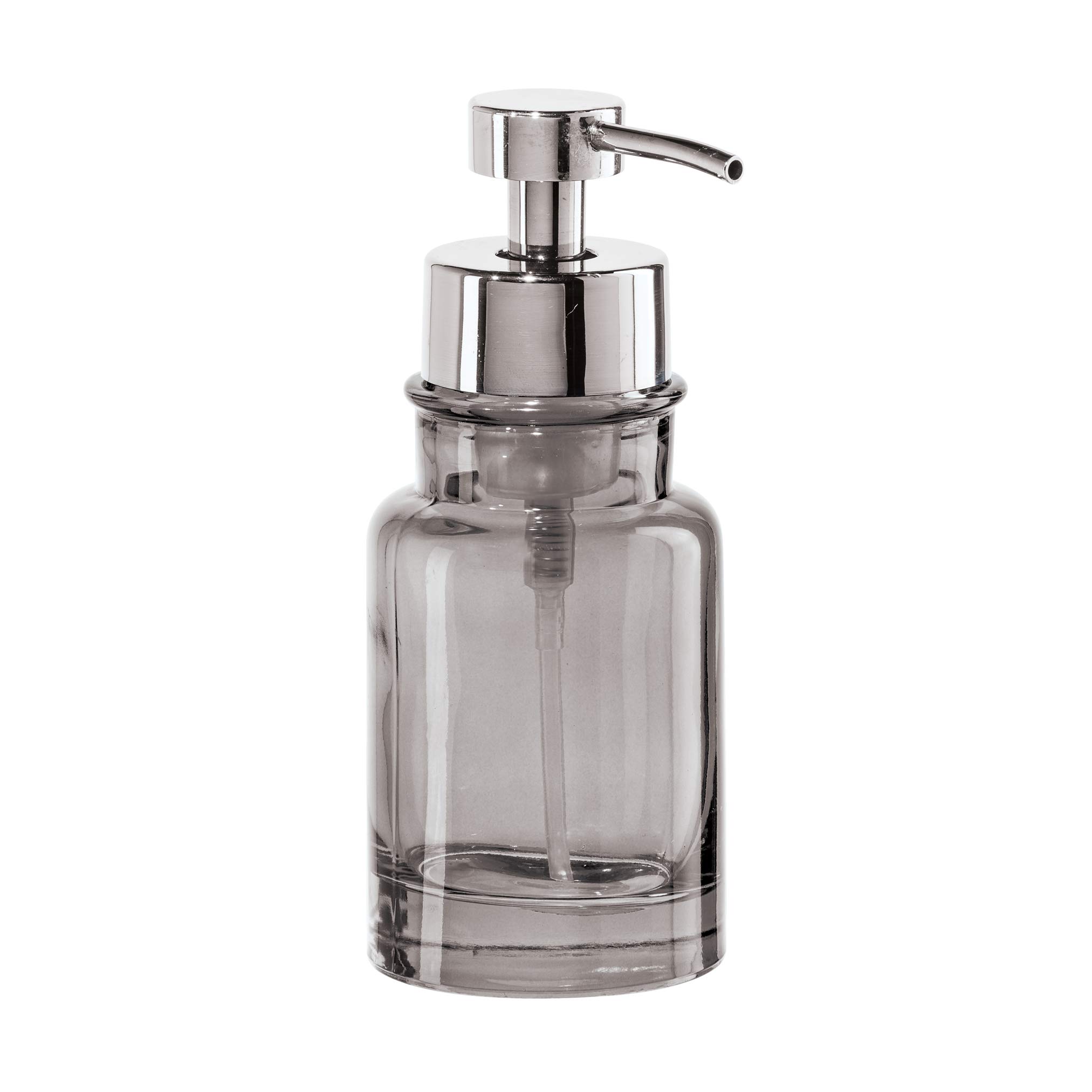 OGGI Glass Foaming Soap Dispenser - 10oz Heavy Glass Refillable Hand Soap Pump for Bathroom & Kitchen - Round Gray/Chrome Design - Perfect for Vanity, Sink Countertop, and Guest Bathroom Decor