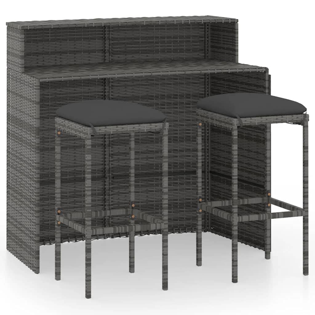 3-Piece Outdoor Patio Bar Set with Wicker Counter Table & 2 Cushioned Stools - Gray Modern Conversation Set for Poolside, Garden, Backyard & Porch Relaxation