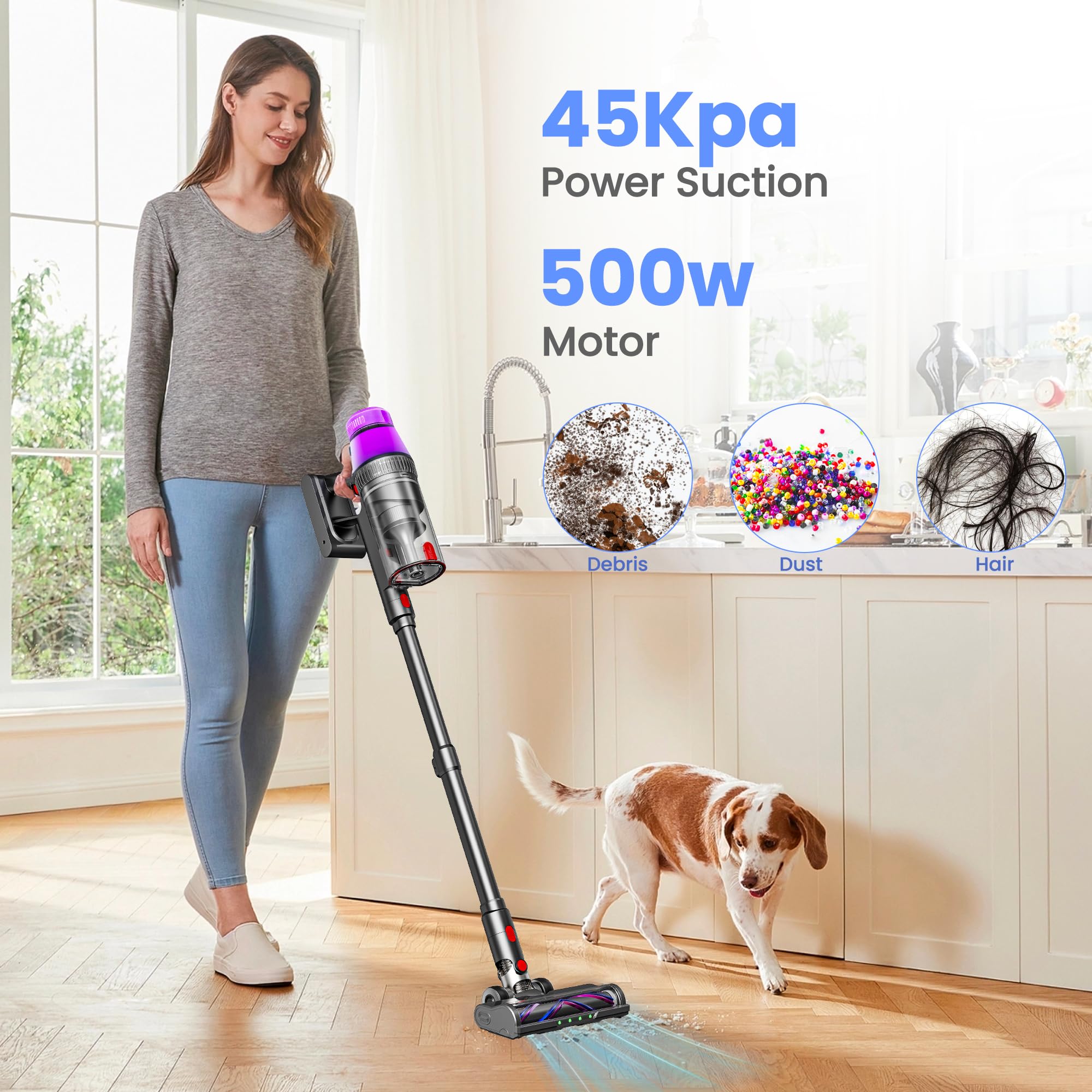 Powerful 500W Cordless Vacuum Cleaner - 45Kpa Suction, 60min Runtime for Home & Carpet Cleaning