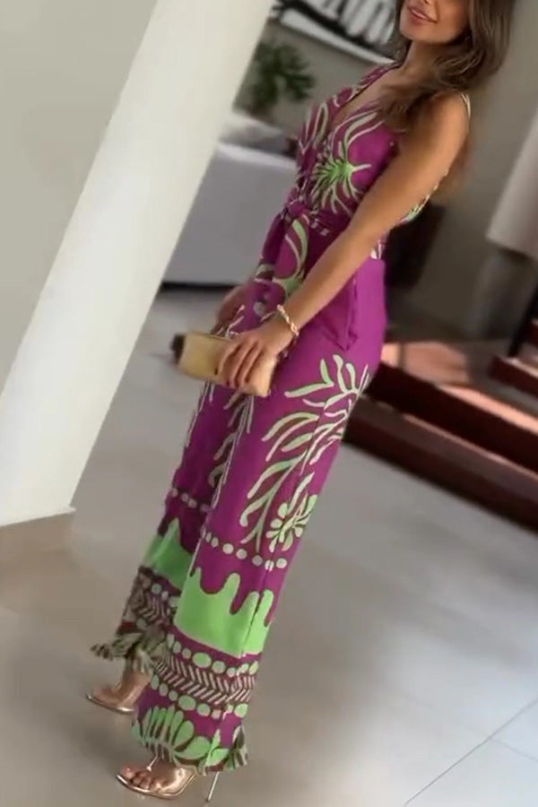 Stylish Printed V-Neck Sleeveless Waist Tie Jumpsuit for Women - Perfect for Summer Outfits, Beach Vacations & Casual Date Nights