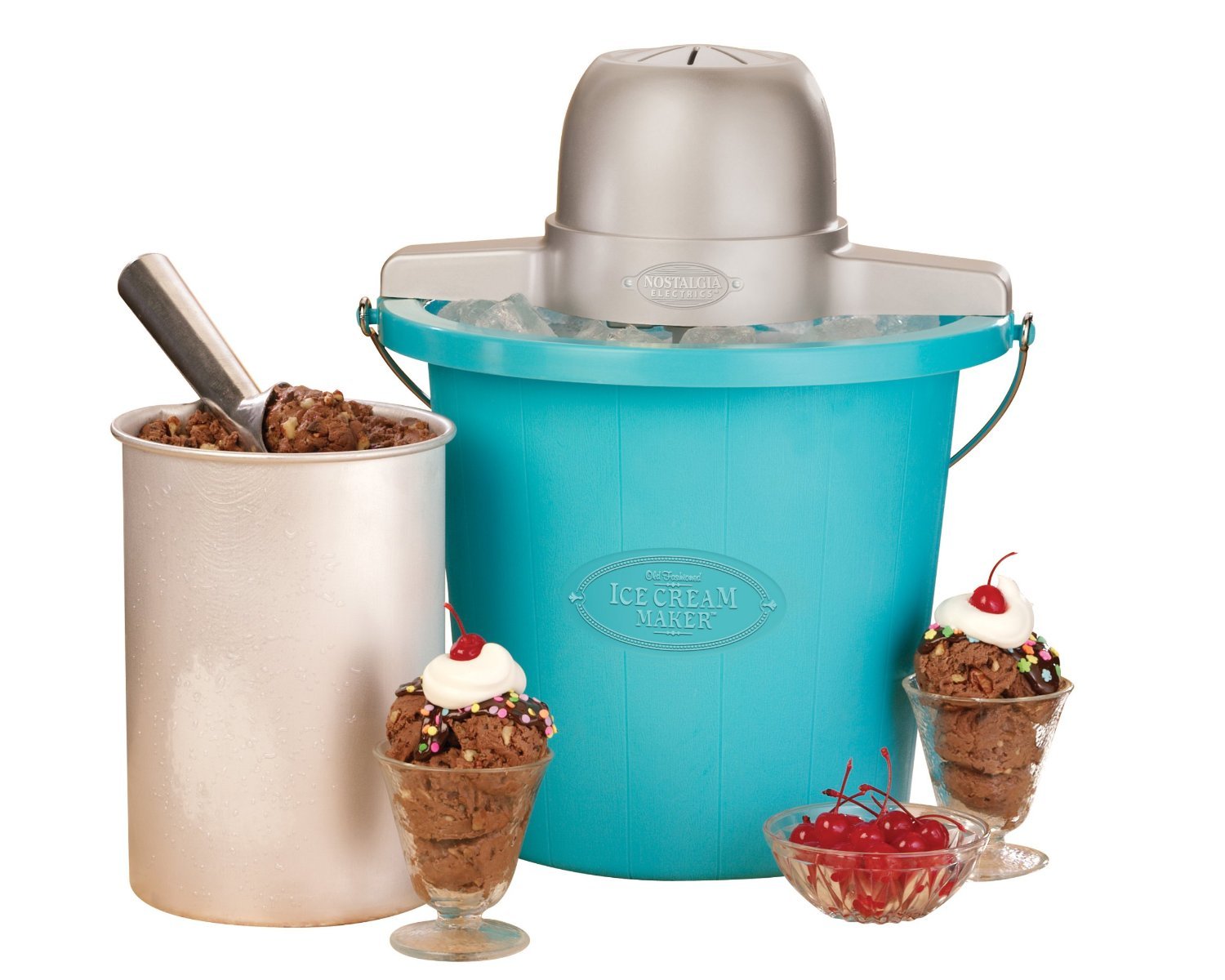 Nostalgia ICMP400BLUE 4-Quart Electric Ice Cream Maker with Easy Carry Handle - Make Homemade Ice Cream, Gelato & Frozen Yogurt - Perfect for Parties, Family Gatherings & Summer Treats
