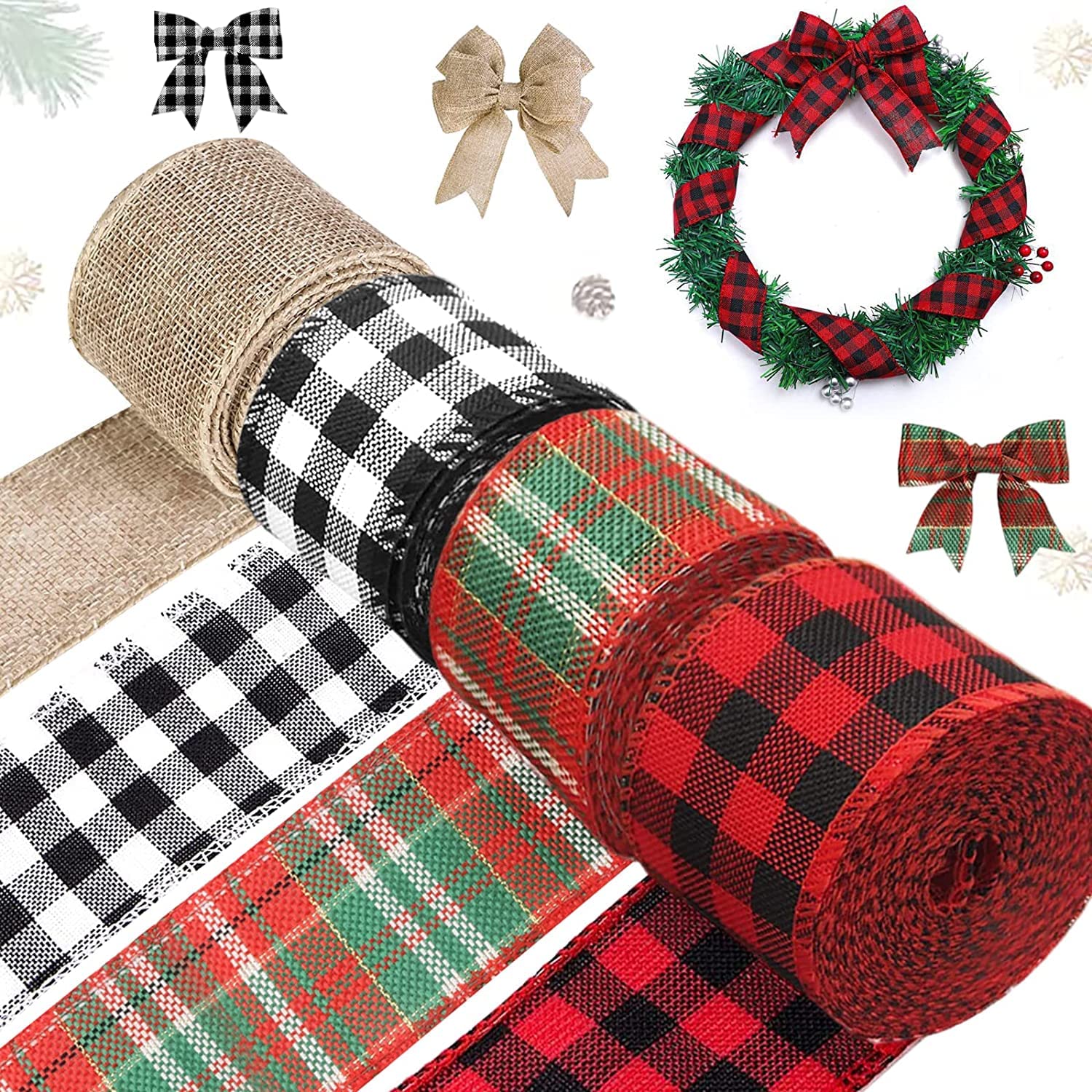 4 Rolls Christmas Wired Edge Ribbons - Decorative Holiday Gift Wrapping Ribbon for Tree Decorations, Present Bows, DIY Crafts and Party Decor (Red & Green)