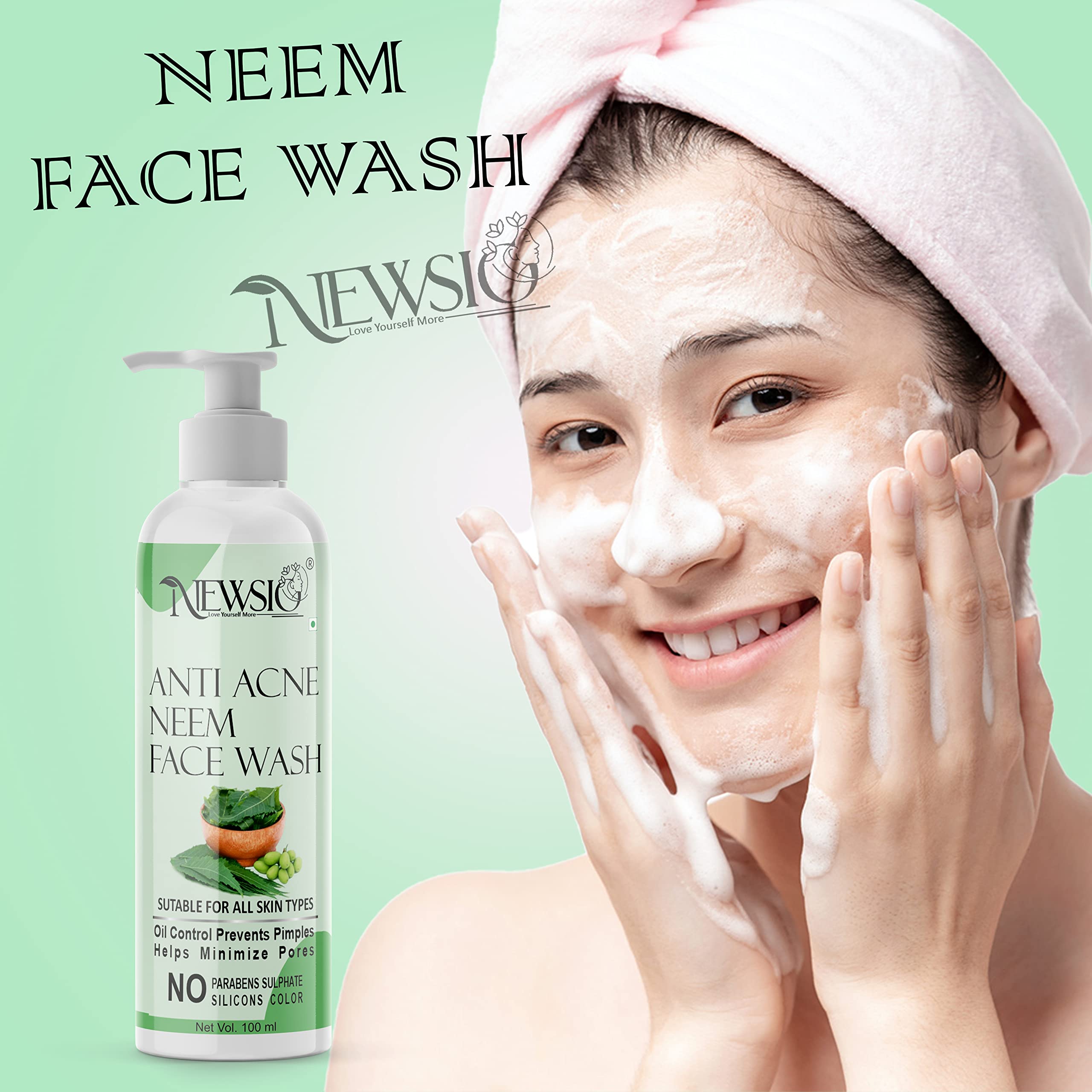 Newsio Anti Acne Neem Face Wash for Oily Skin - Tea Tree & Aloe Vera Formula for Pimple Marks Removal & Glowing Skin | Daily Cleanser for Acne-Prone Skin, Blackhead Treatment & Clear Complexion | Perfect for Morning & Night Skincare Routine