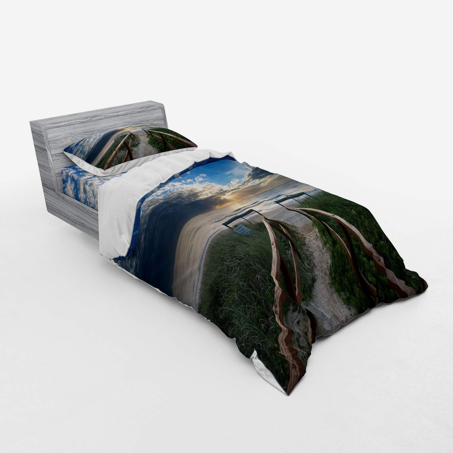 Ambesonne Beach Duvet Cover Set - Twin XL Size 3-Piece Coastal Bedding with Sham & Fitted Sheet, Sunrise Cloudy Weather Design with Handrails & Bushes - Perfect for Beach House Decor, Guest Rooms & Coastal Themed Bedrooms