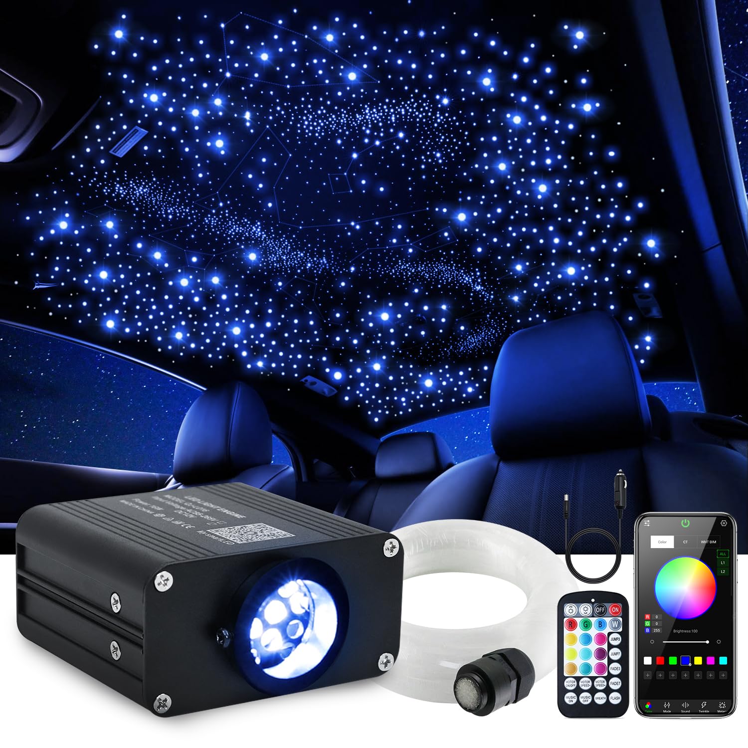 Car Starlight Headliner Kit - 450pcs RGBW Fiber Optic Lights with Bluetooth APP & Remote Control, 16W Twinkle & Sound Activated Star Lights for Car Ceiling Decor | Perfect for Night Driving, Romantic Dates & Custom Car Interior Lighting