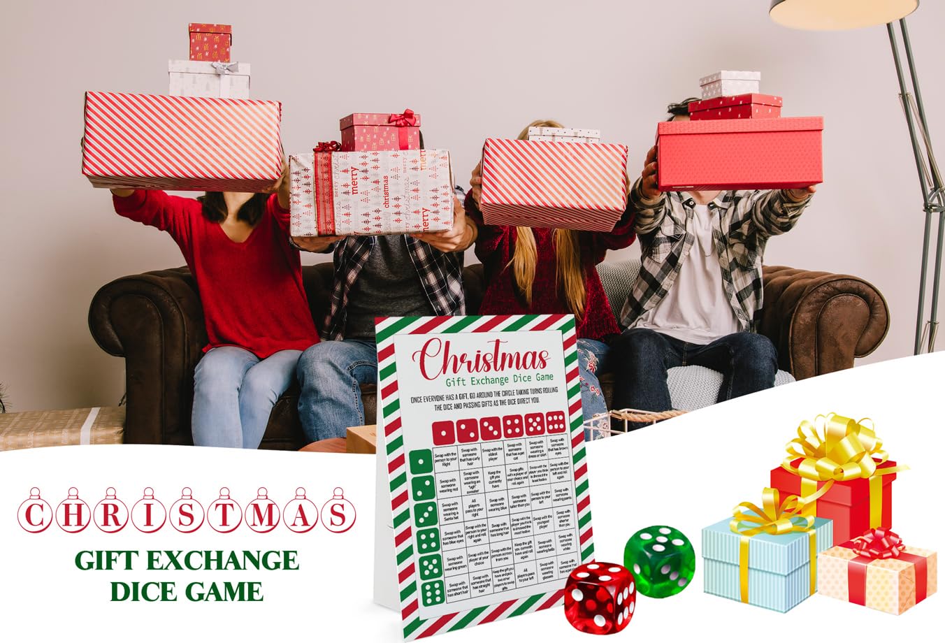 Exchange Dice Game Set with 2 Dice & Standing Sign - Fun Christmas Party Game for Groups, Holiday Gift Swap Activity - Perfect for Xmas Gatherings, Family Game Nights & Office Parties (SDGE01)