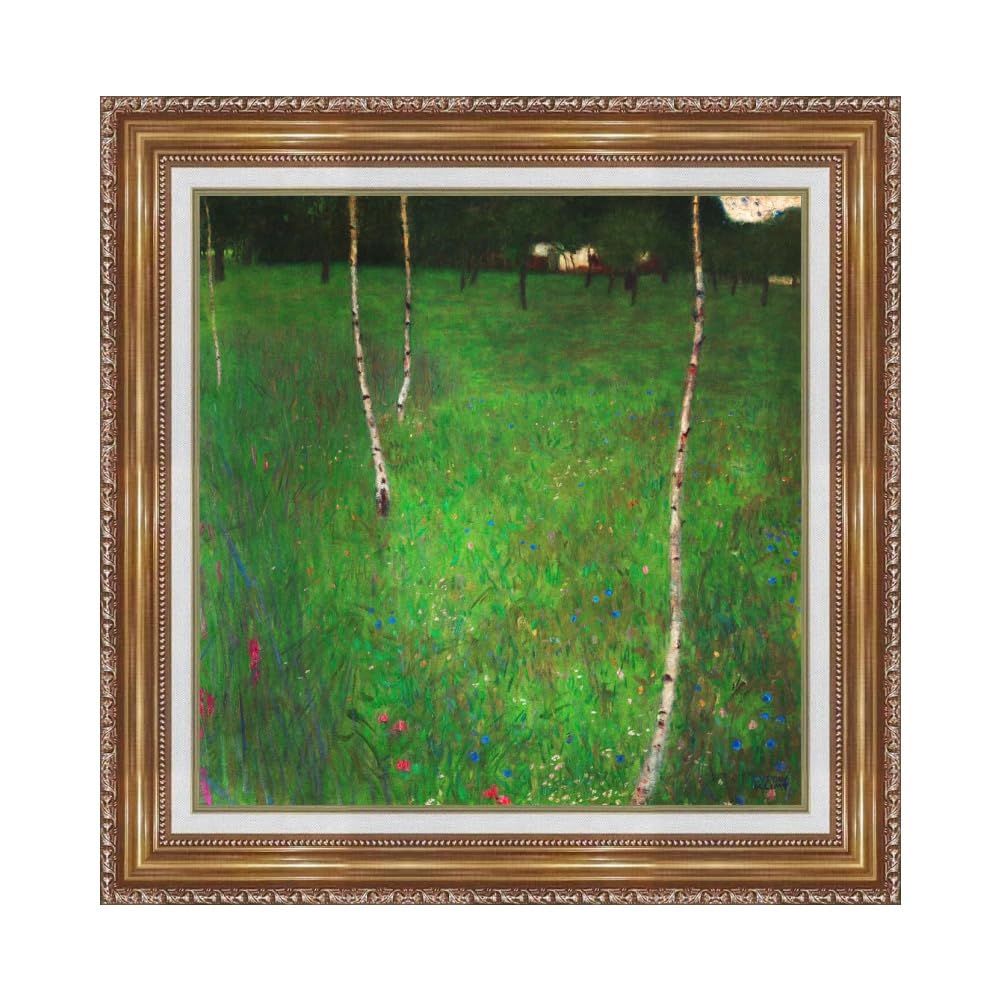 Gustav Klimt Framed Canvas Art Print - Farmhouse with Birch Trees Giclee Wall Decor for Living Room & Home Office (24x24 Inch, Embossed Gold Frame with Liner) | Perfect for Rustic, Farmhouse & Modern Interior Design Styles