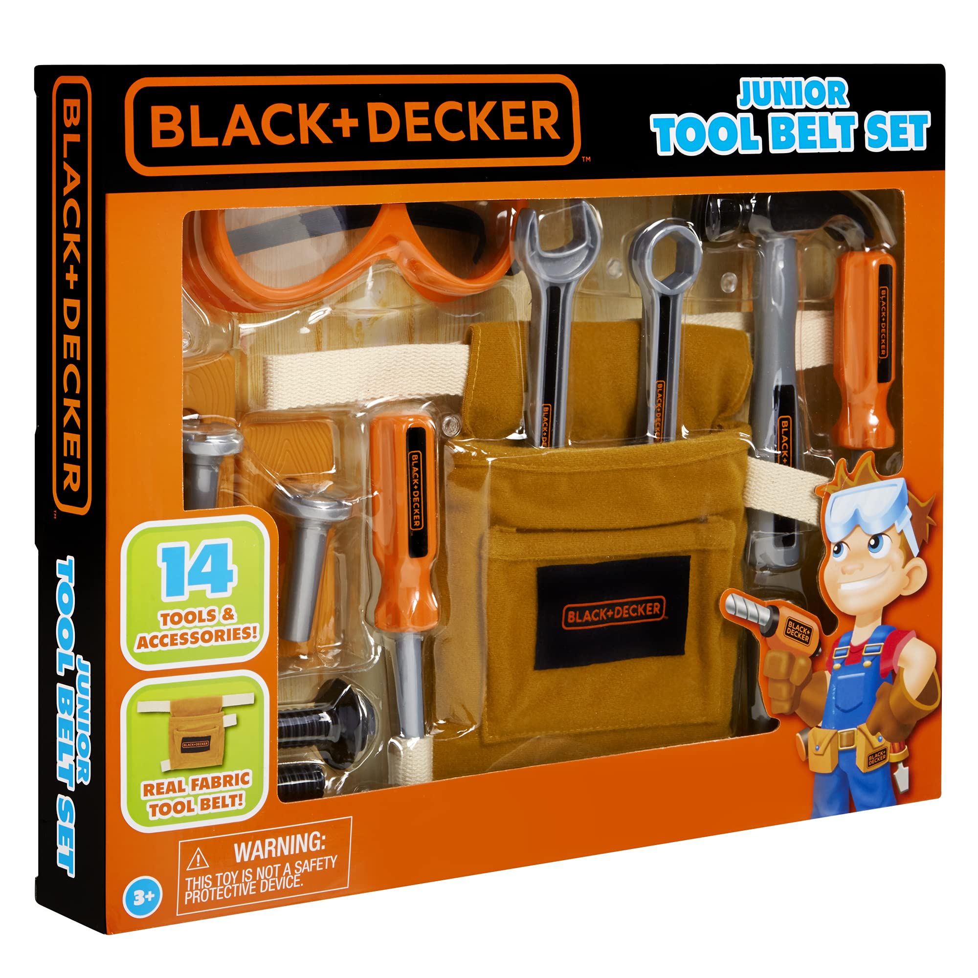 Black & Decker Junior 14-Piece Toy Tool Belt Set for Kids - Pretend Play Construction Tools with Storage Bag - Perfect for DIY Role Play, Birthday Gifts & Early Learning Development