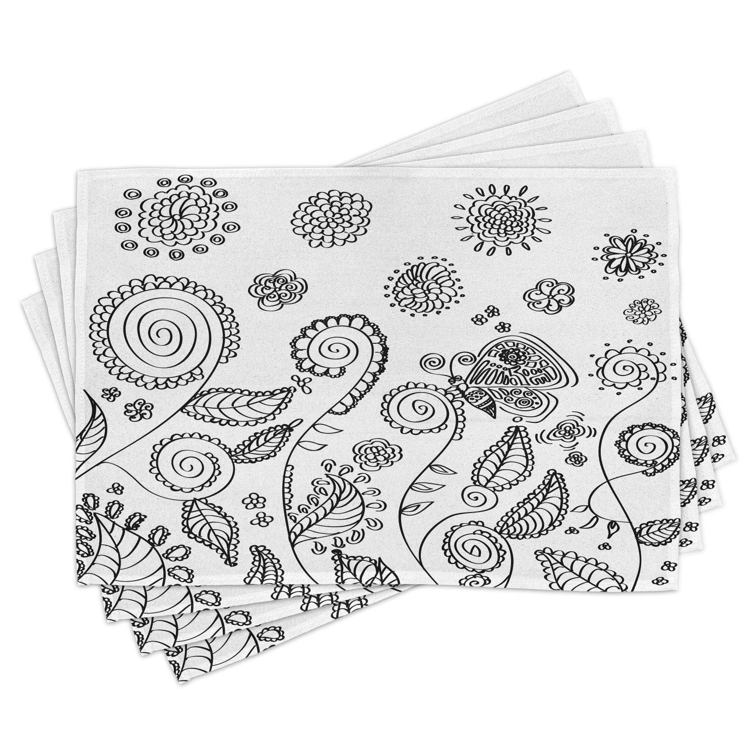 Ambesonne Floral Place Mats Set of 4 - Doodle Style Circular Swirled Flower Petals with Butterflies & Leaves Design - Washable Fabric Table Mats for Dining Room & Kitchen Decor (Black & White) - Perfect for Dinner Parties, Brunch & Holiday Table Settings