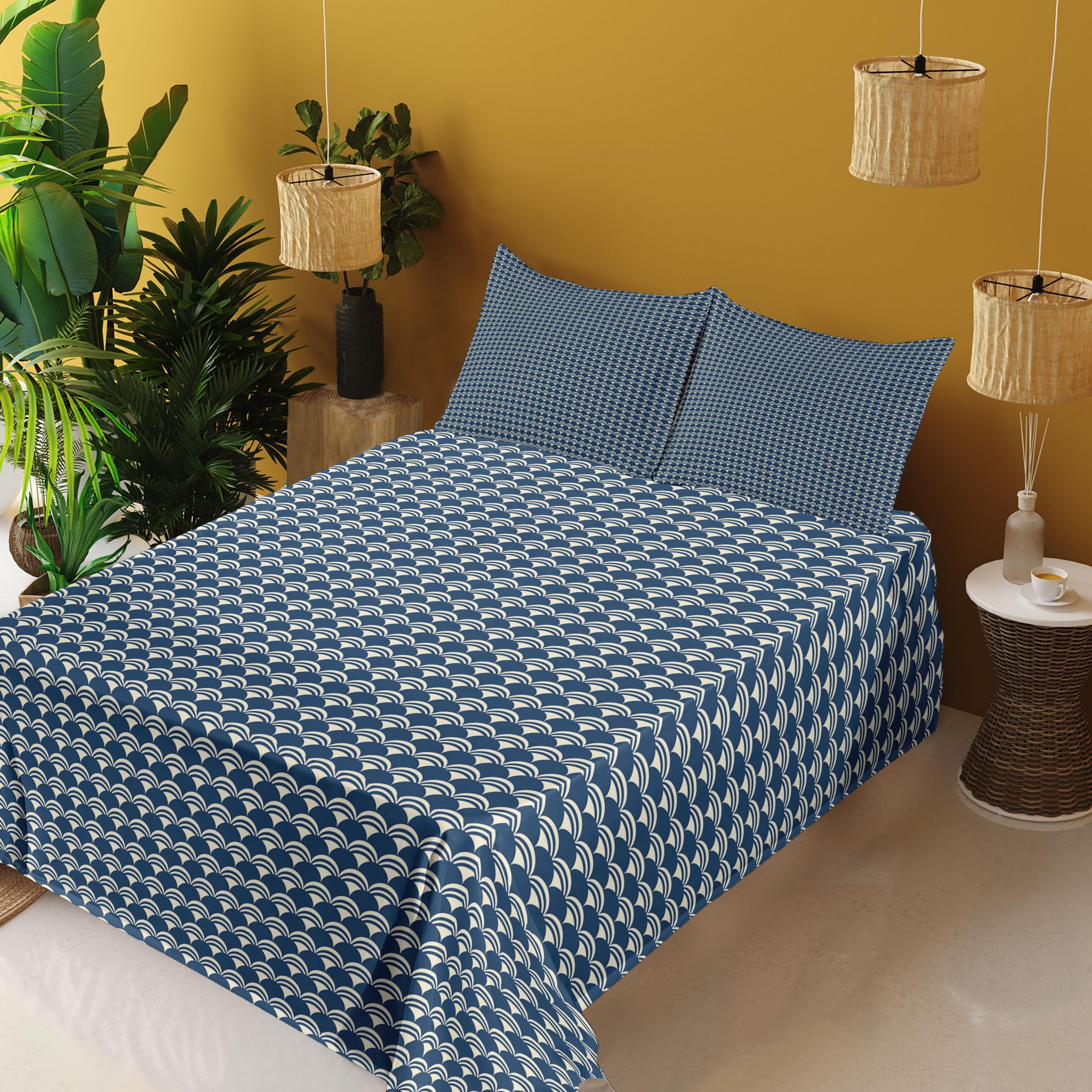 Ambesonne Abstract Japanese Folk Inspired Sheet Set - King Size 4 Piece Bedding Set with Fitted Sheet, Flat Sheet & Pillowcases - Night Blue Eggshell with Dichromatic Semicircle Design - Perfect for Modern Bedrooms, Guest Rooms & Dorm Decor
