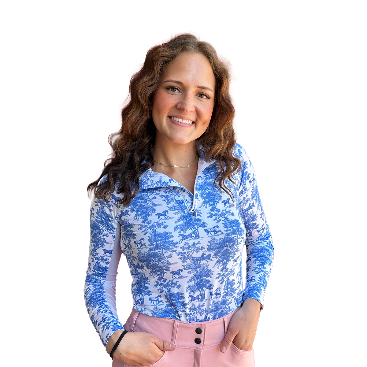 Dapplebay Equestrian Toile Print 1/4 Zip Long Sleeve Riding Shirt for Women - Breathable & Comfortable Equestrian Top for Horseback Riding, Training & Outdoor Activities