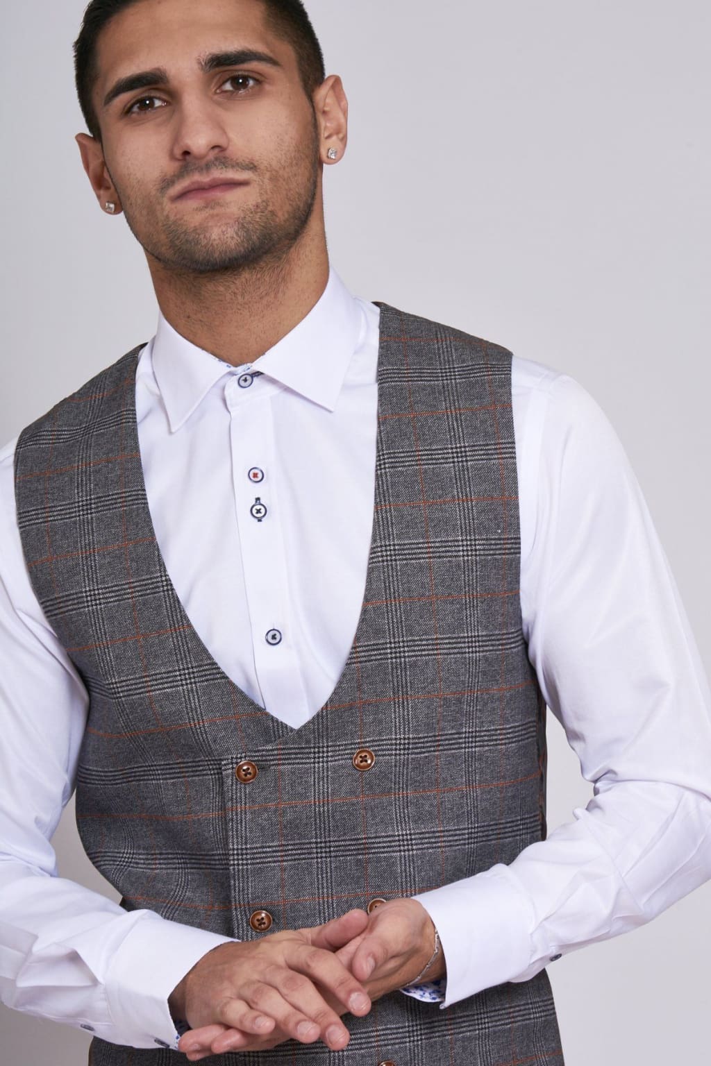 JENSON Grey Check Double Breasted Waistcoat for Men - Formal Vest for Business, Wedding & Office Wear - Slim Fit Waistcoat Suit Jacket
