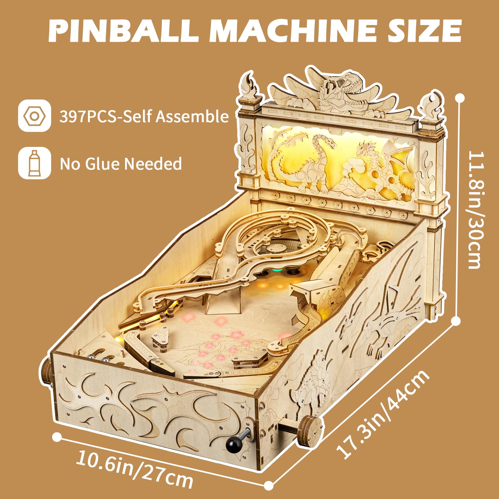 3D Wooden Dinosaur Pinball Machine DIY Kit for Adults & Teens - STEM Building Model with LED Lights & Sound Effects, Creative Gift for Ages 14+ - Fun Tabletop Arcade Game for Home, Office & Game Room Entertainment