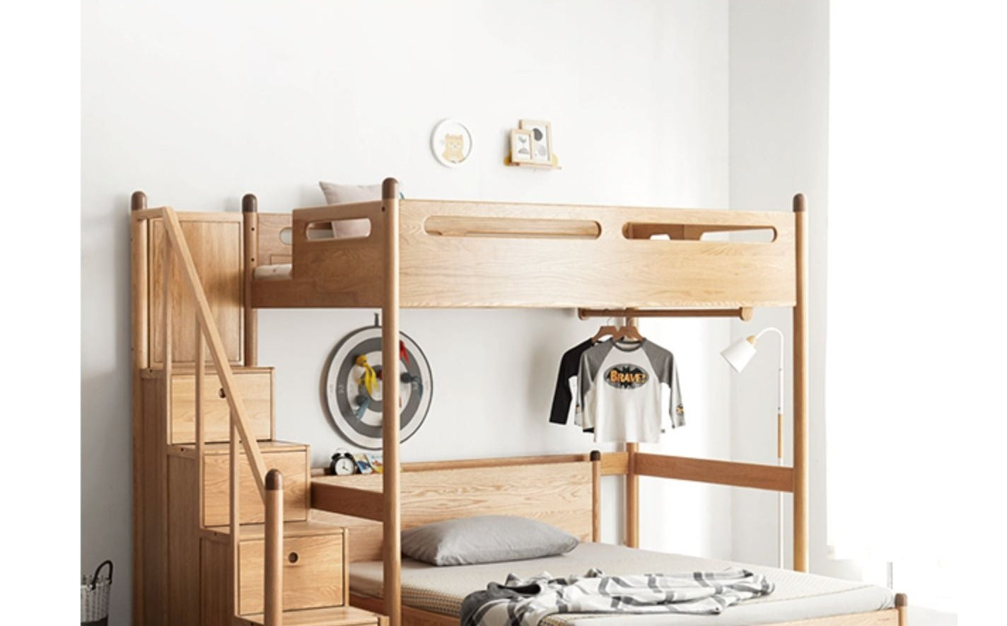 Solid Oak Wood Loft Bed with Storage Cabinet - Space-Saving Furniture for Small Rooms, Kids Bedroom & Dormitory
