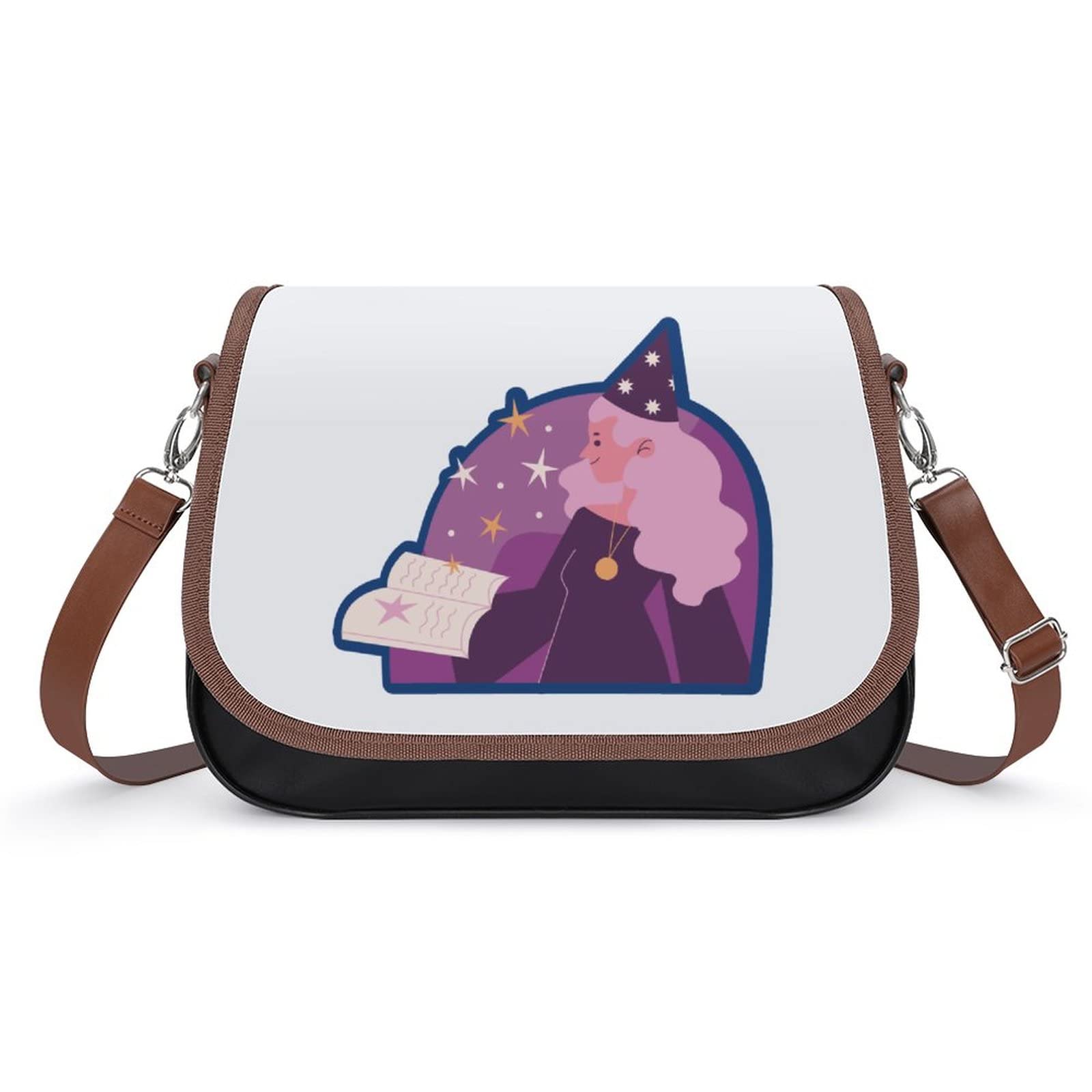 Stylish Leather Crossbody Bags for Women - Designer Shoulder Messenger Purse with Printed Flap & Cute Cartoon Witch Magic Pattern | Perfect for Daily Use, Travel, and Halloween Accessories