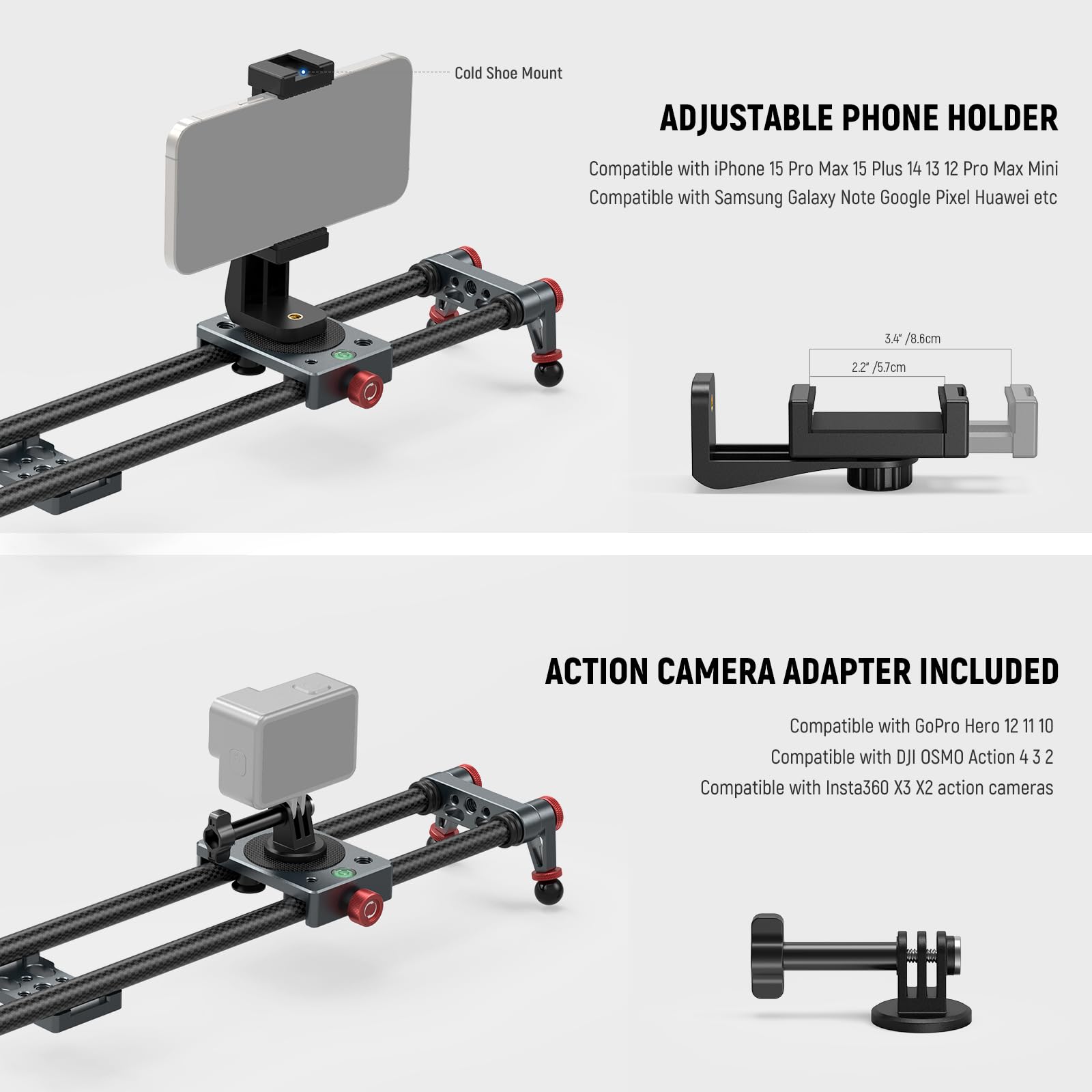 NEEWER 24in/60cm Carbon Fiber Camera Slider with 360° Ball Head, Phone Clamp & Action Camera Mount - Professional Dolly Rail Track with 4 Bearings & Adjustable Legs for GoPro, Insta360, iPhone & Android (CS2M) - Perfect for Vlogging, Filmmaking & Smooth Video Shots