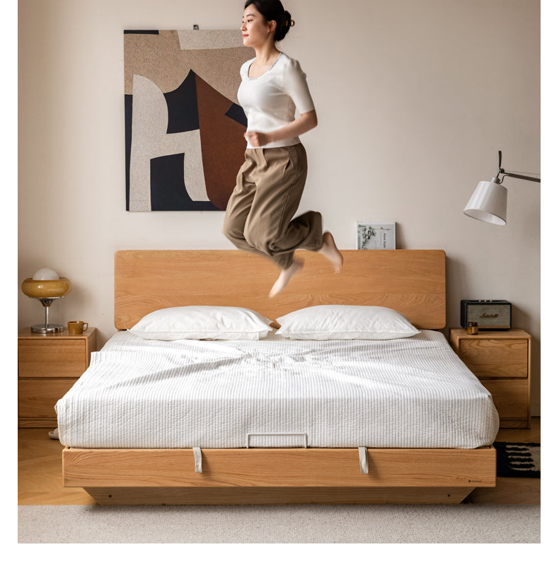 Solid Oak & Black Walnut Wood Floating Platform Bed with LED Lighting - Modern Bedroom Furniture for Contemporary Home Decor