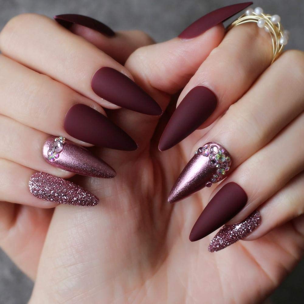 HUJL Purple Sequins Press on Nails - Burgundy Long Fake Nails with Pink Metal & Bare Crystal Designs | DIY Salon Quality False Nails for Parties, Weddings & Special Occasions