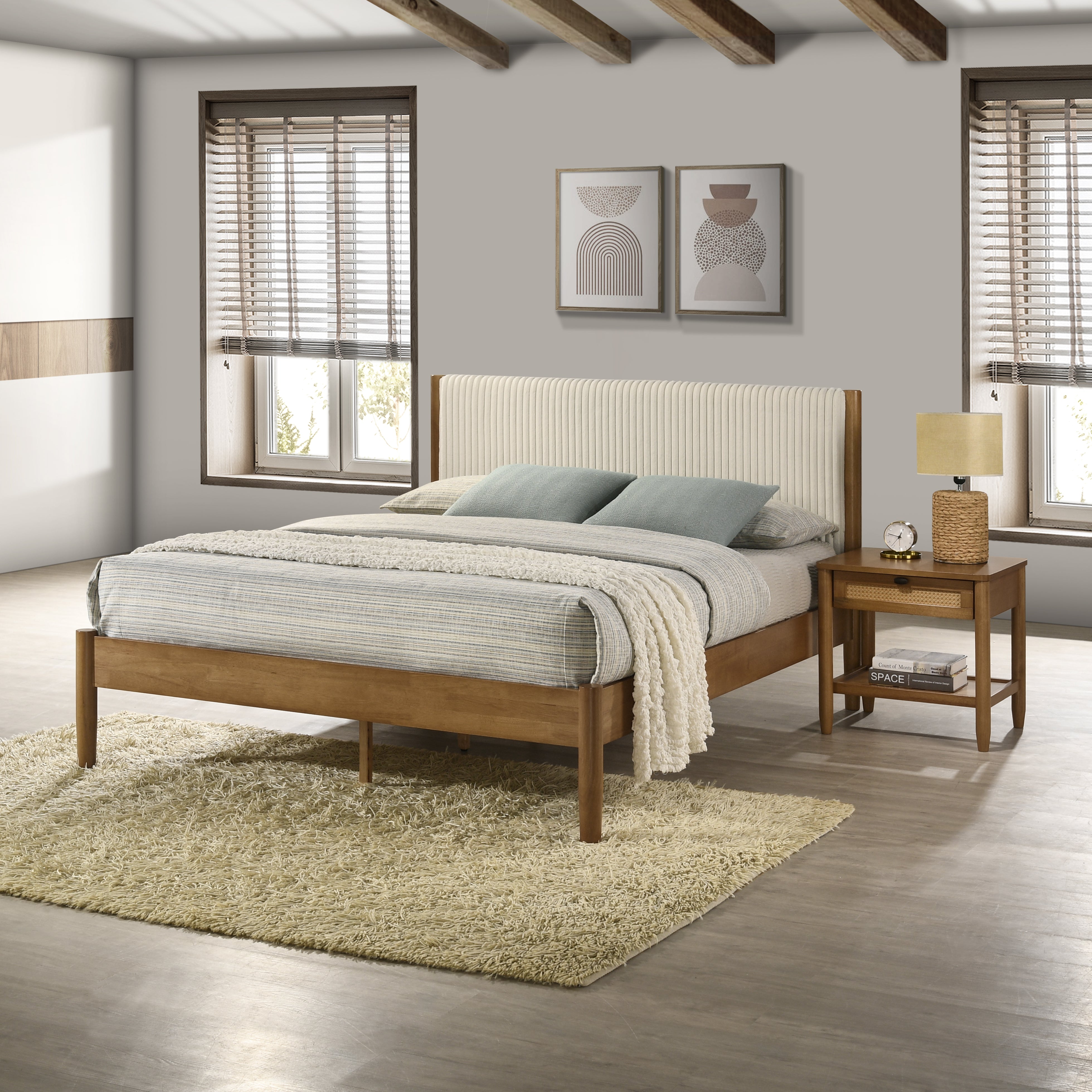 Roundhill Furniture Vichy 4-Piece Rubberwood Bedroom Set - Queen Upholstered Bed, Dresser, Mirror & Nightstand | Solid Wood Furniture for Master Bedroom, Guest Room & Apartment