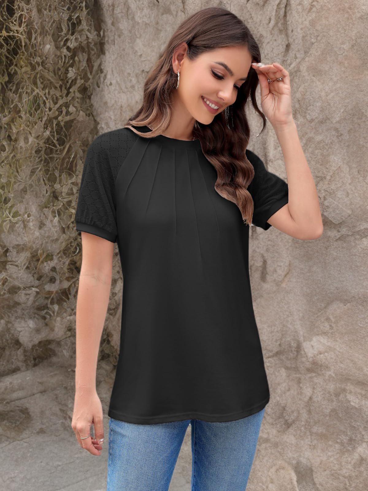 ZANZEA Women's Summer Tops - Puff Sleeve Blouses, Dressy Casual Crew Neck Short Sleeve Shirts, Pleated Tunic Loose T-Shirts for Work, Date & Vacation | Lightweight Comfortable Summer Fashion