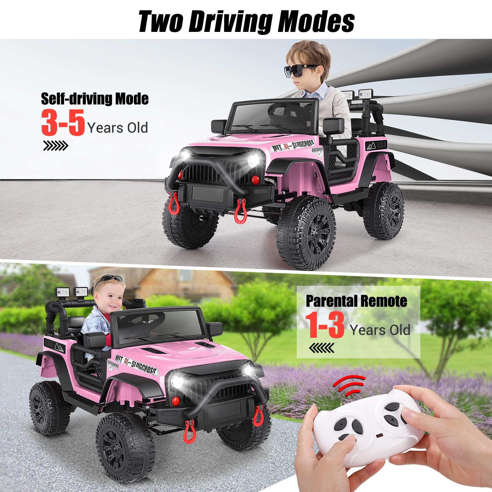 Hikole 12V Kids Electric Ride-On Jeep with Remote Control, Bluetooth, Music & 3 Speeds - Pink Battery-Powered Toy Car for Girls with Suspension Wheels | Perfect for Outdoor Play, Birthday Gifts & Toddler Pretend Driving Fun
