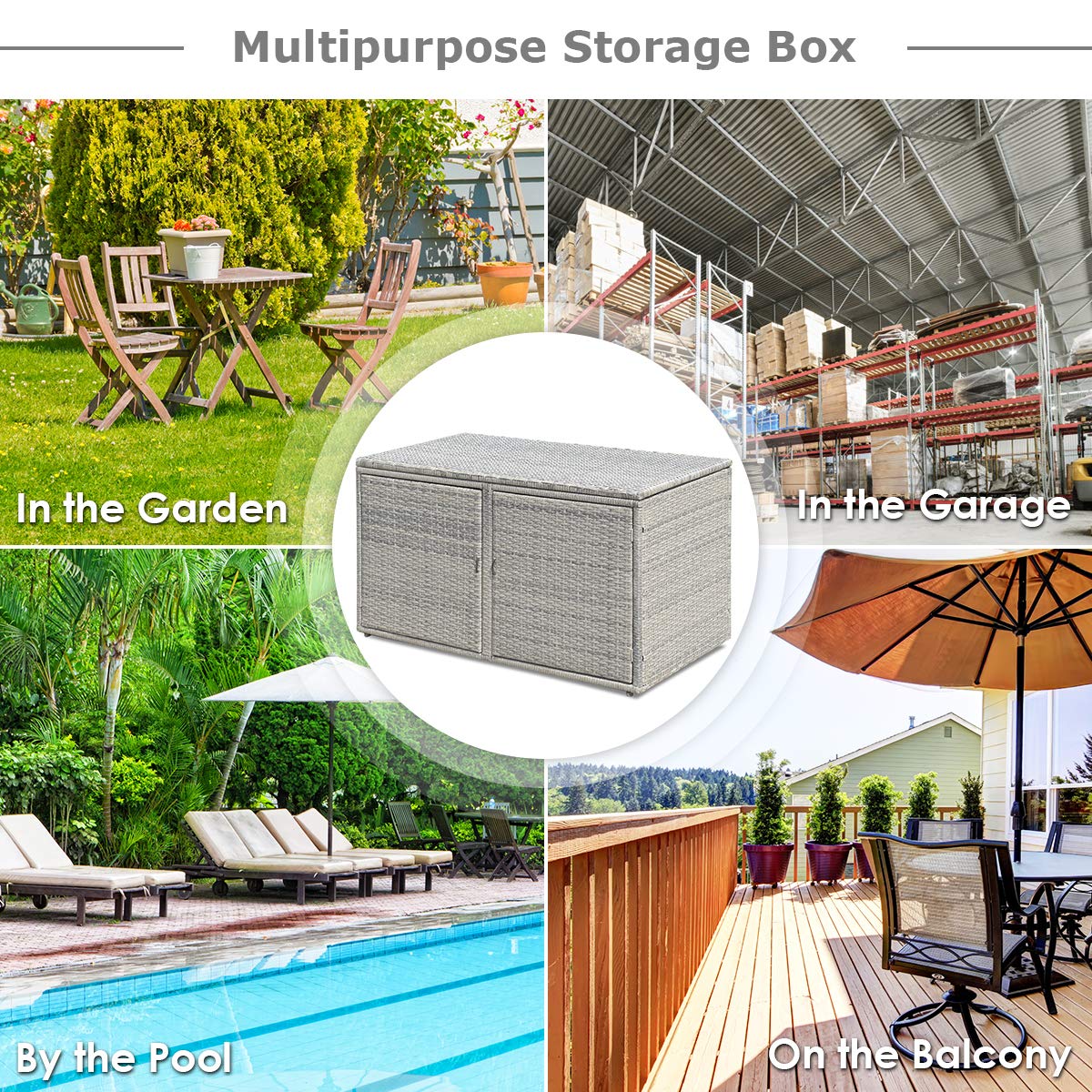 LDAILY Rattan Storage Box with 2 Shelves & Lid - Wicker Deck Box for Outdoor Garden, Backyard, Patio - Organize Accessories, Tools, Toys - Weather-Resistant Grey Storage Solution for Home & Yard Organization