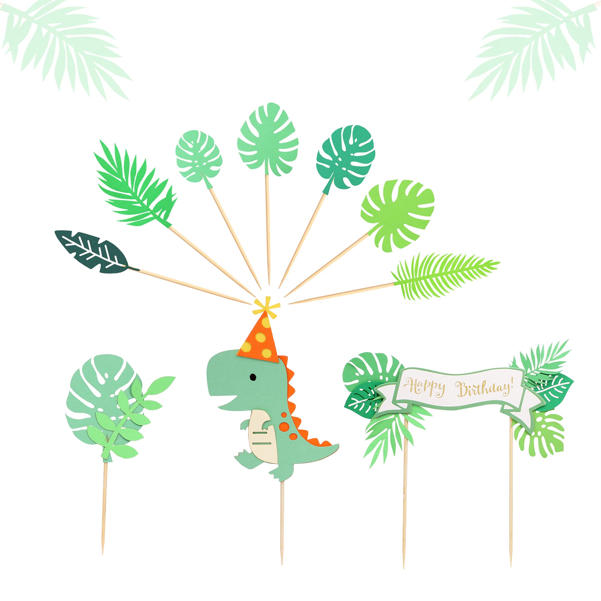 10Pcs Dinosaur Cake Toppers - Happy Birthday Party Decorations with Forest Green Leaves for Jungle Theme Baby Shower, Kids Birthday Cakes - Perfect for Dinosaur Themed Parties and Cake Decorating