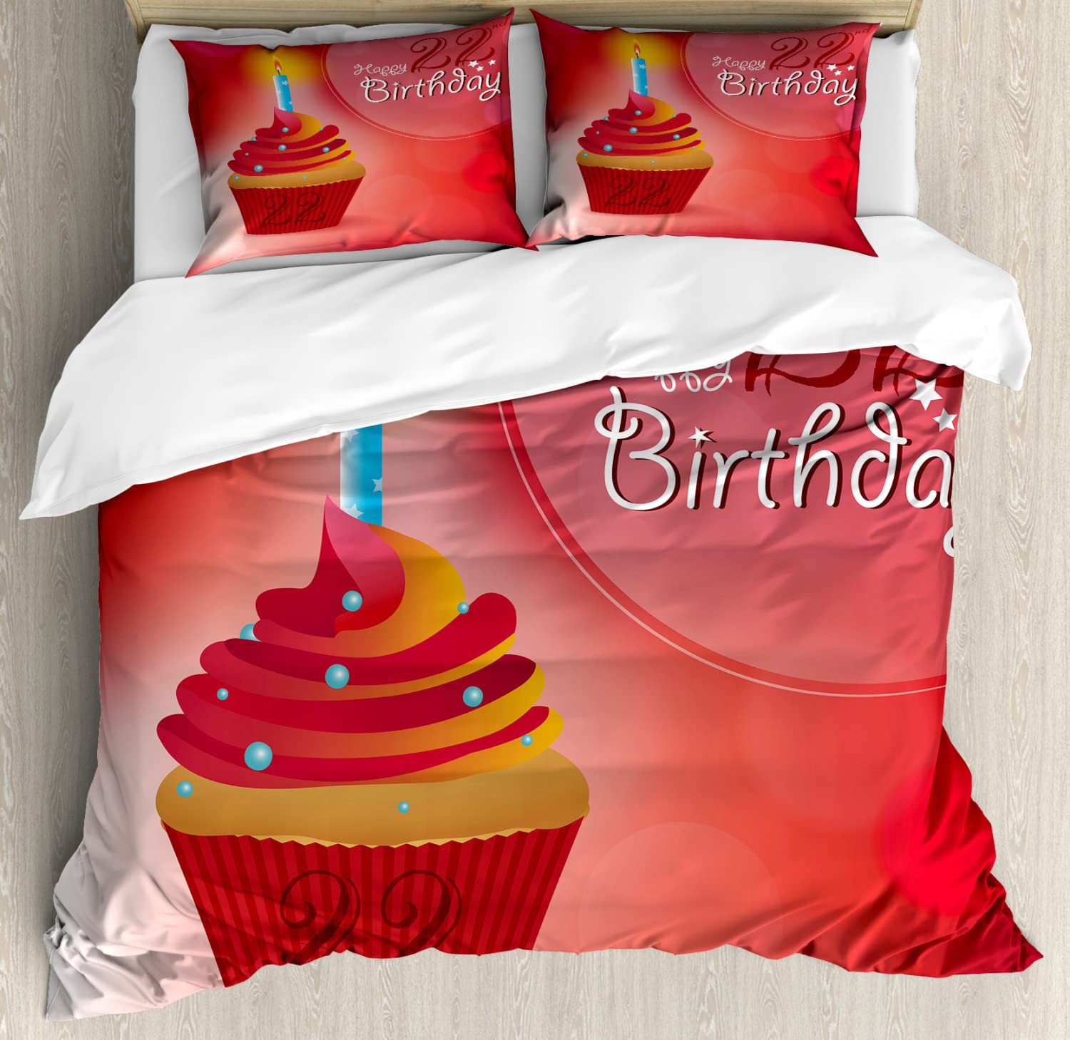 Ambesonne 22nd Birthday Duvet Cover Set - King Size 2-Pack with 2 Duvet Covers & 4 Pillowcases | Romantic Cupcake with Candles Celebration Theme in Red Scarlet Blue | Perfect for Birthday Decorations, College Dorm Room, and Gift Ideas