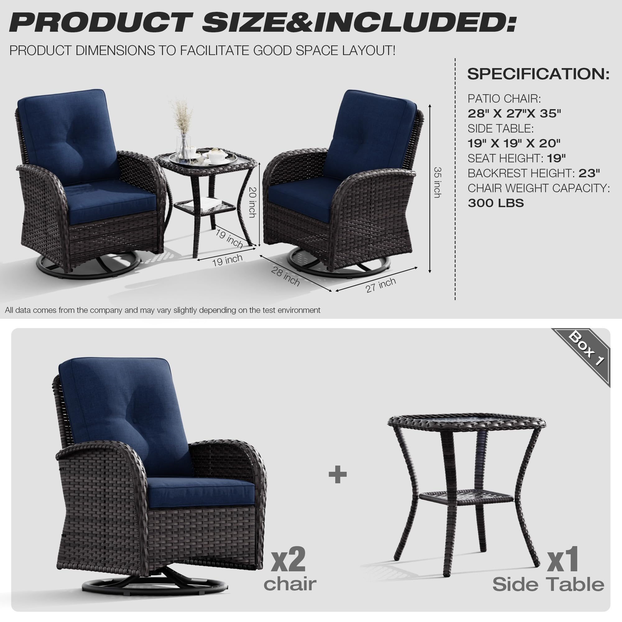Joyside 3-Piece Patio Swivel Rocking Chair Set - 2 Wicker Swivel Rockers with Side Table, Outdoor Furniture for Porch, Deck & Garden (Brown/Blue) - Perfect for Relaxing, Entertaining & Sunbathing