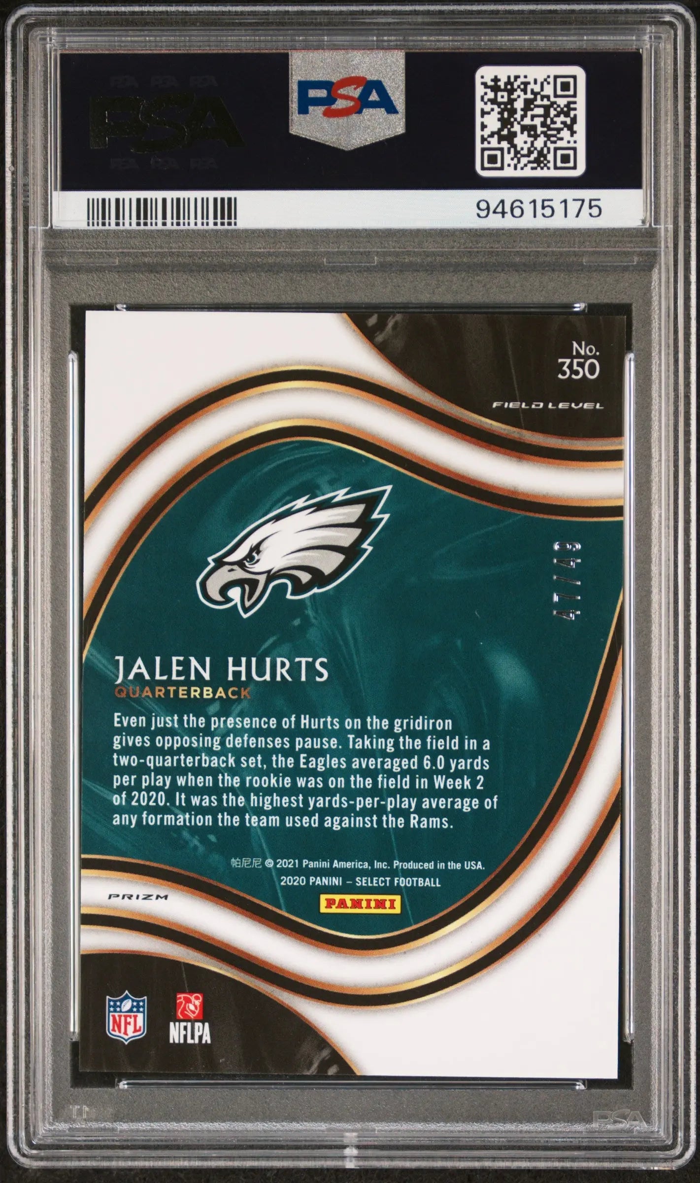 2020 Panini Select Football Jalen Hurts RC Rookie Blue Prizm PSA 10 /49 - Rare Collectible Trading Card for NFL Fans & Sports Memorabilia Collectors - Perfect for Display, Investment & Fantasy Football Enthusiasts