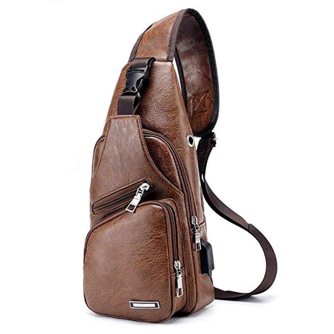 **Men's Lightweight Waterproof Sling Bag with USB Charging Port - Crossbody Shoulder Bag for Travel, Hiking & Daily Use - Brown**