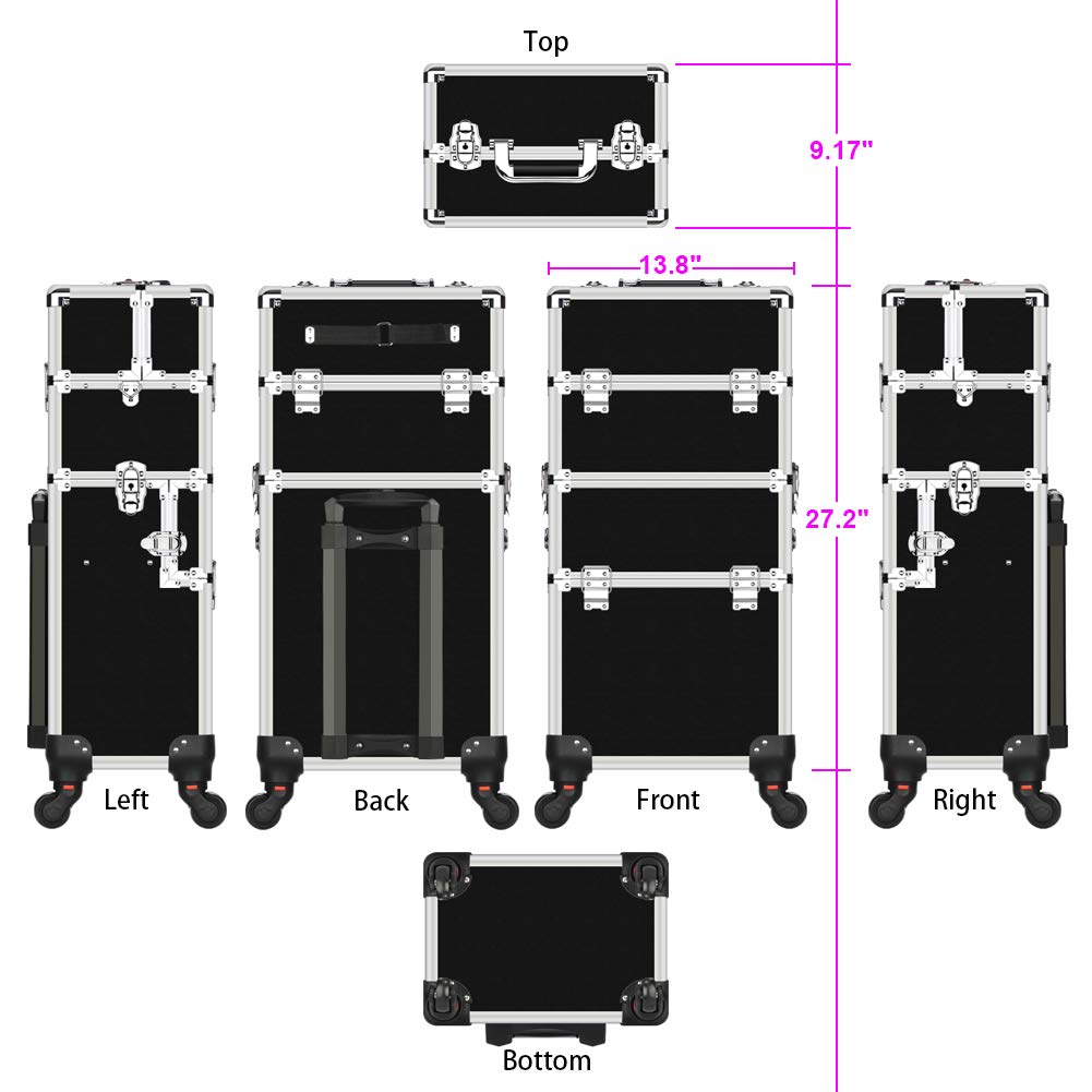 OUDMAY Professional 2-in-1 Aluminum Makeup Train Case with Locks & Folding Trays - Rolling Cosmetic Storage Organizer for Makeup Artists & Travel (Black) - Perfect for Salon, Home Vanity & On-the-Go Beauty Needs
